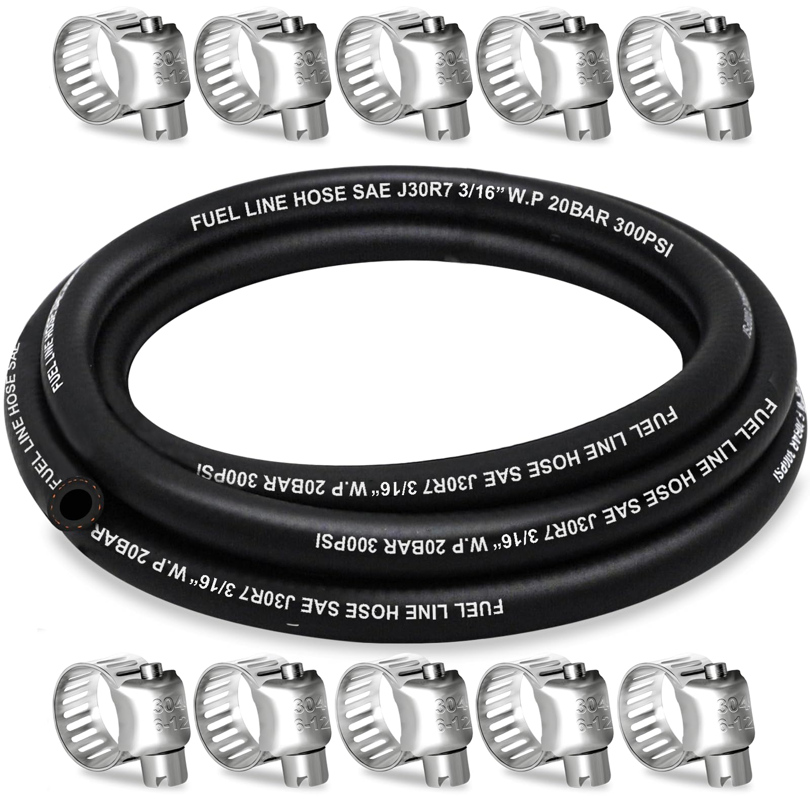 Housun Fuel Line 3/16 Inch Id, Fuel Hose 10Ft, J30R7 Fuel Line Hose Nbr With 10 Clamps.