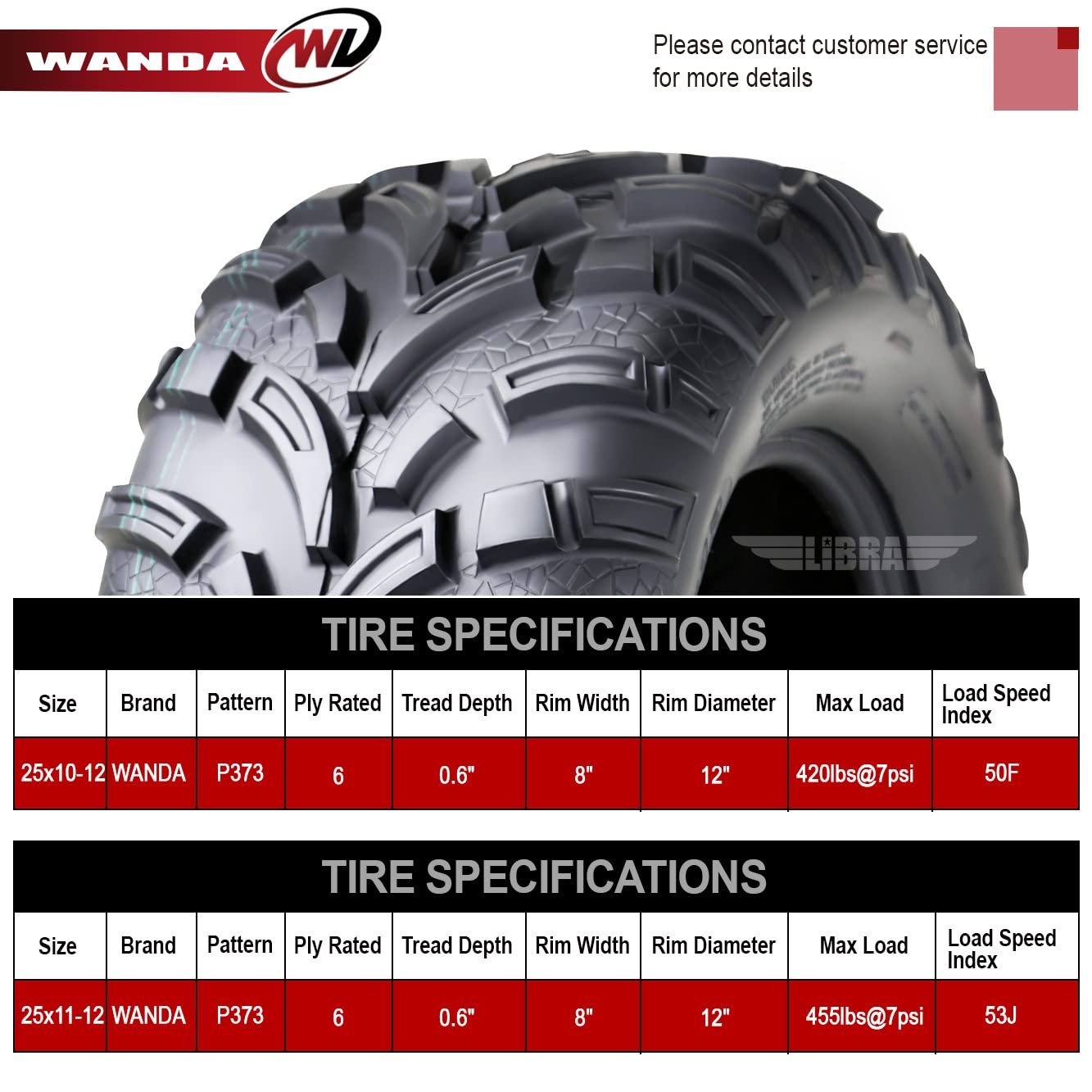 Wanda Set 6 Atv Utv Tires (2) 25X10-12 Front & (4) 25X11-12 Rear Mud 6X6