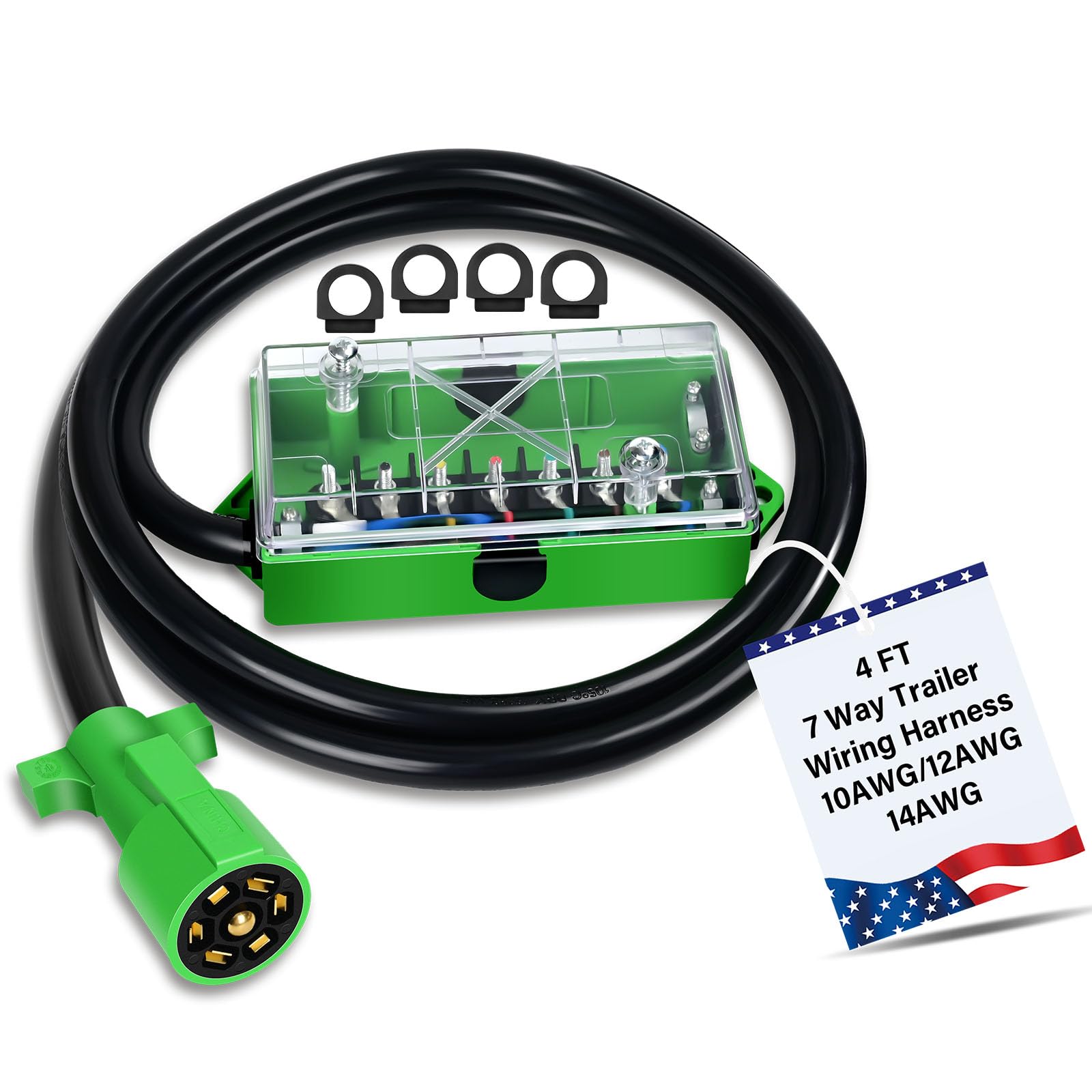 Anayguto 4 FT 7 Pin Trailer Wiring Harness with 7 Gang 7 Pin Trailer Junction Box Pure Copper 7 Way Plug Extension, Heavy Duty 7