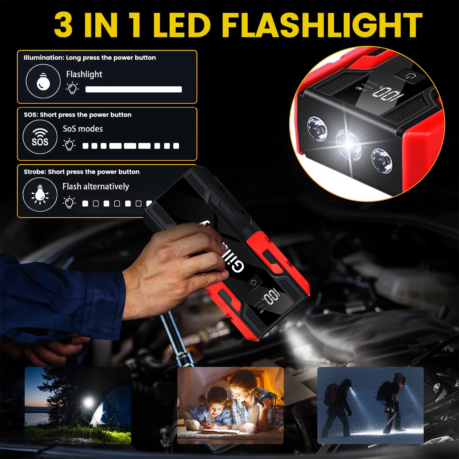 Gillaway 001B 3000A Car Jump Starter - 12V Battery Charger for 9.0L Gas & 7.0L Diesel Engines, USB 3.0 Power Bank