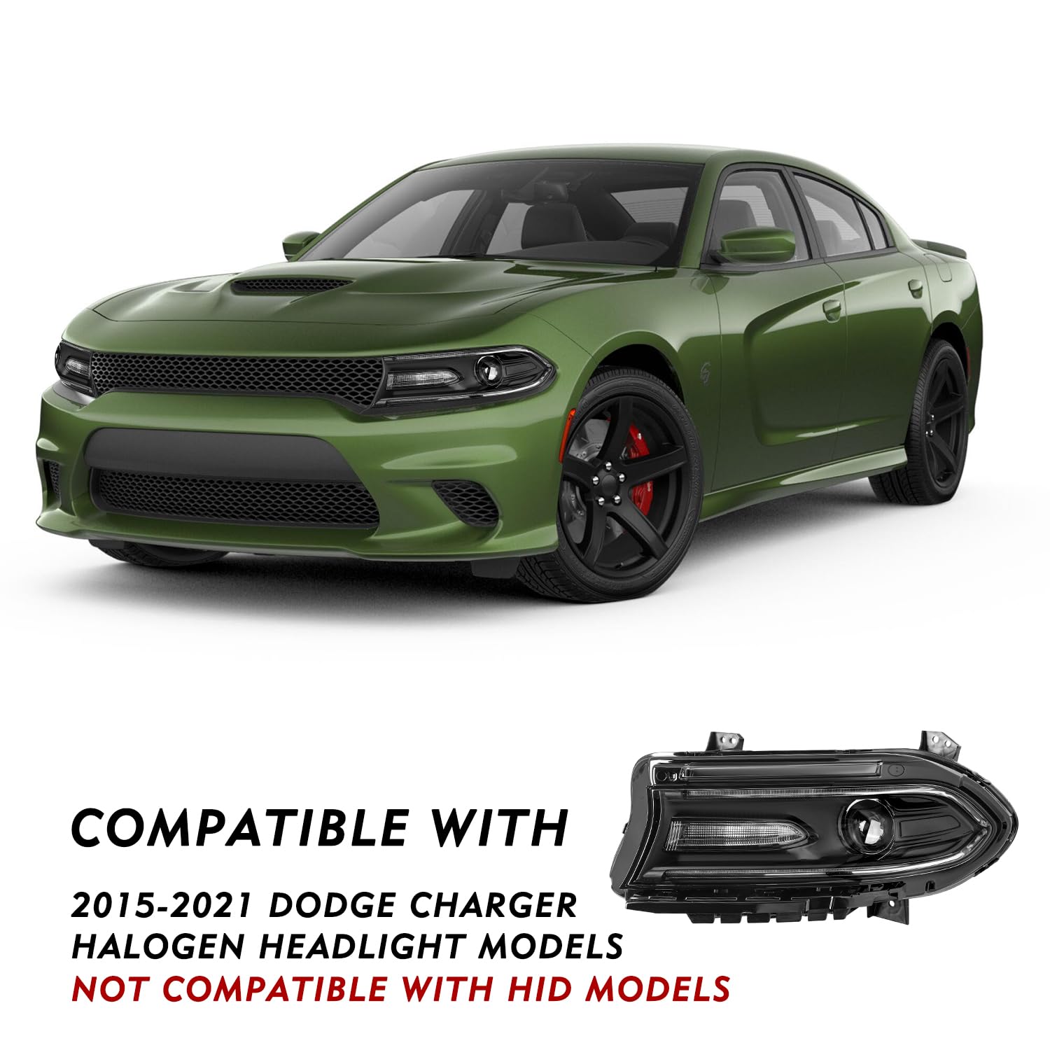 Tusdar Halogen Headlight Assembly Replacement For 2015 2016 2017 2018 2019 2020 2021 2022 Dodge Charger Projector Headlamp W/Led Drl Left/Driver Side