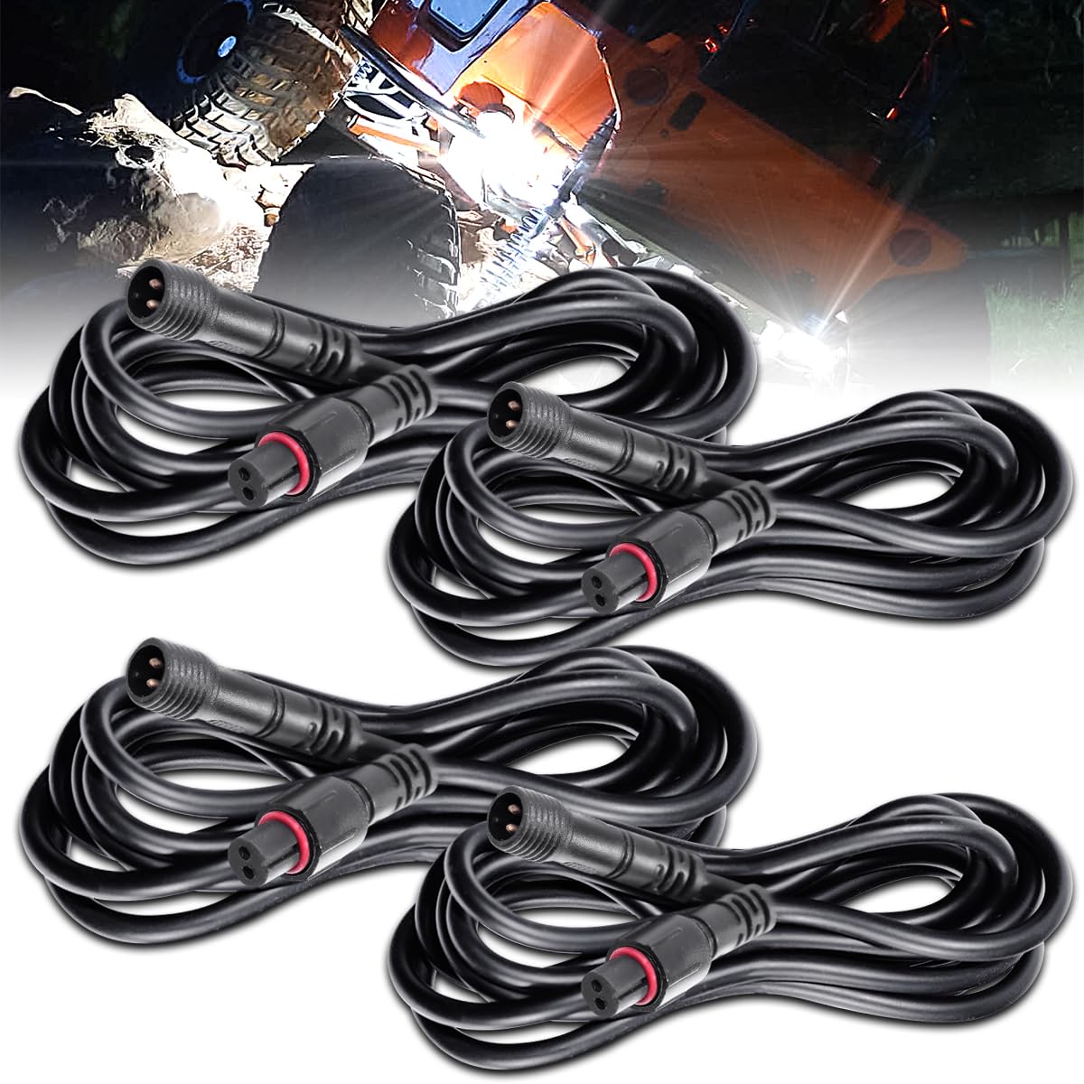 LEDMIRCY LED Rock Lights Extension Cable Wire Cord 2Pin Waterproof 4PCS 5ft 22AWG with Male to Female Connectors 11mm Nut Size f