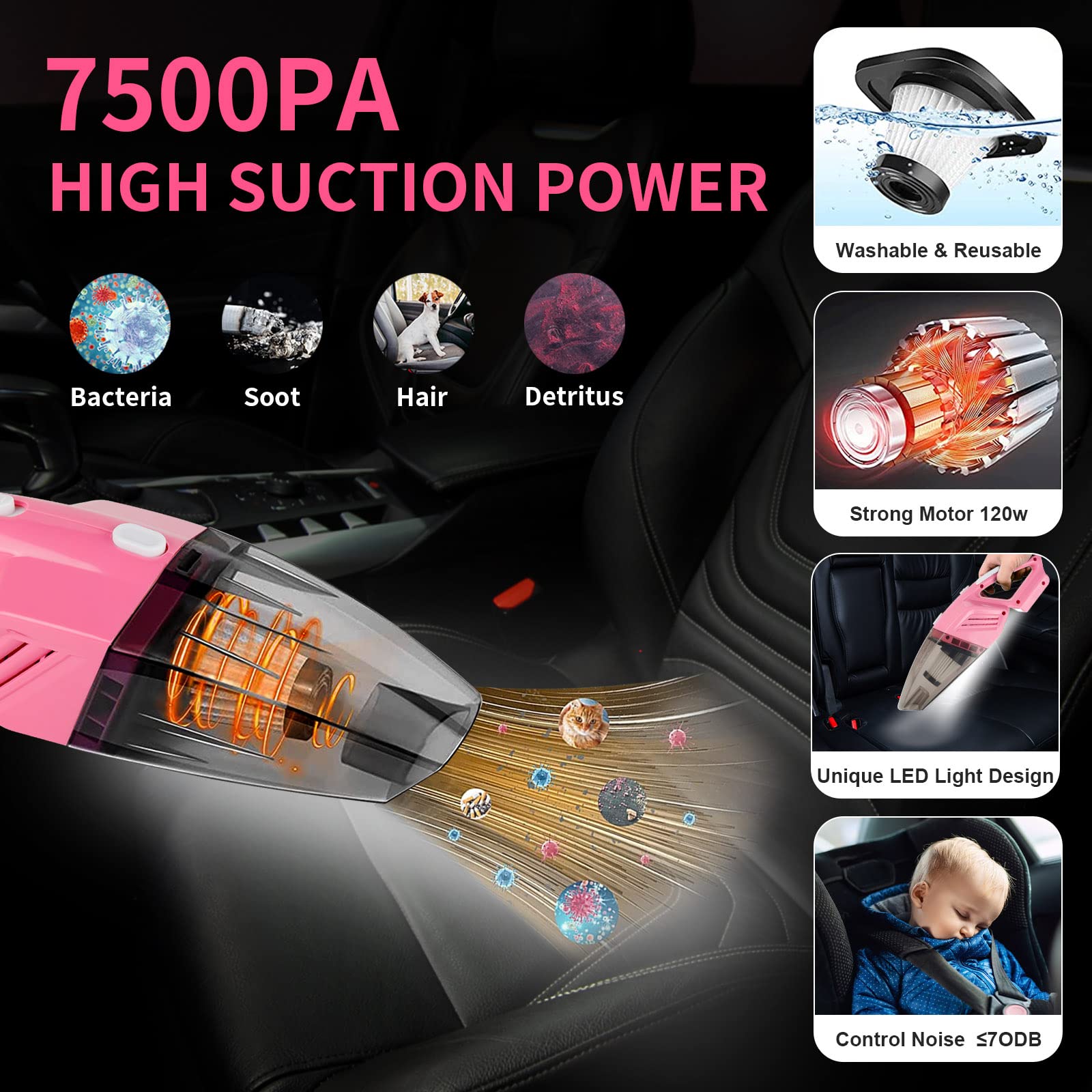 Hordalor Pink Car Interior Detailing Kit, 16Pcs Car Cleaning Kit With High Power Handheld Vacuum, Detailing Brush Set, Cleaning