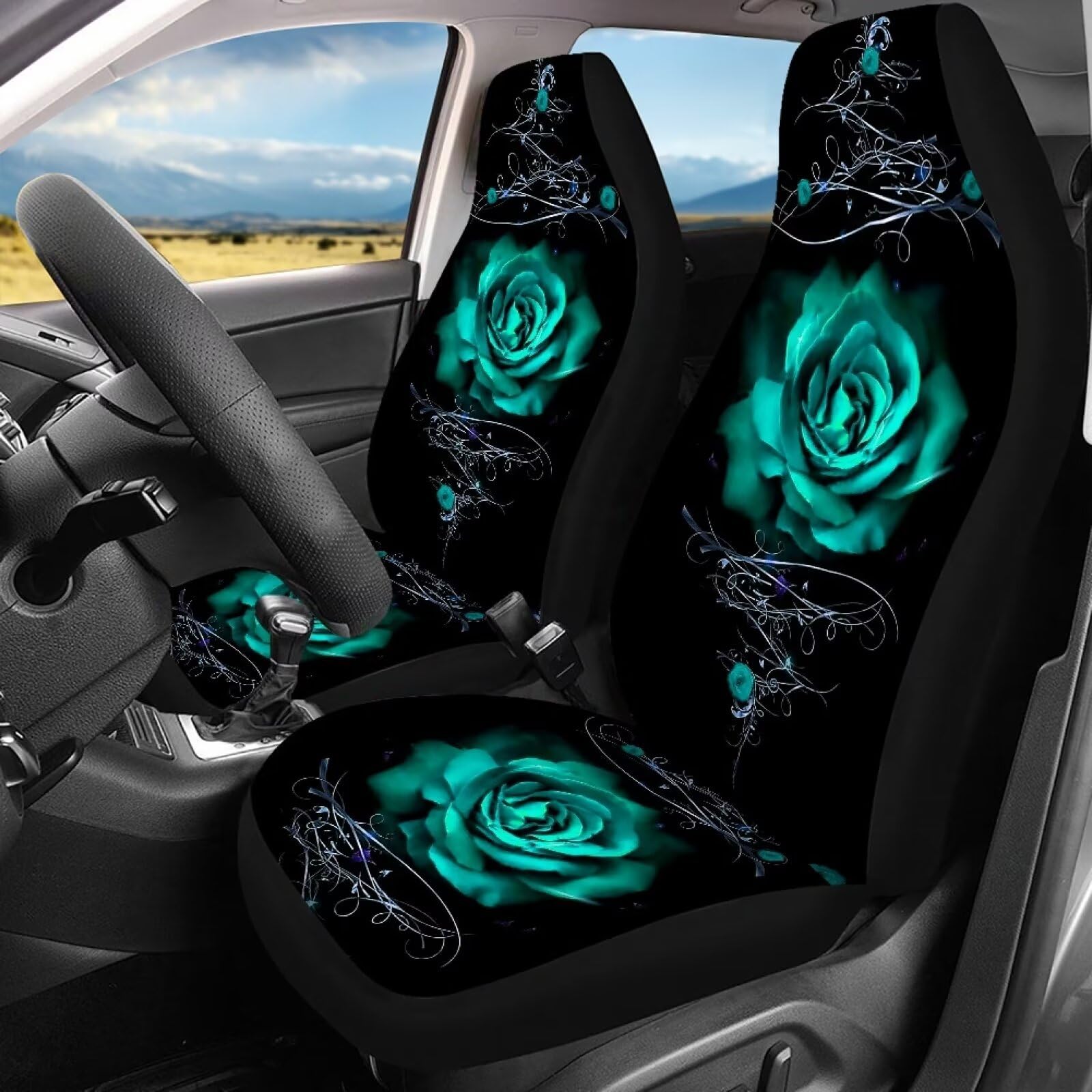 Howilath Teal Green Rose 4 Pieces Car Seat Covers Full Set Universal Fit for Most Car Trucks Suvs Interior Auto Accessories