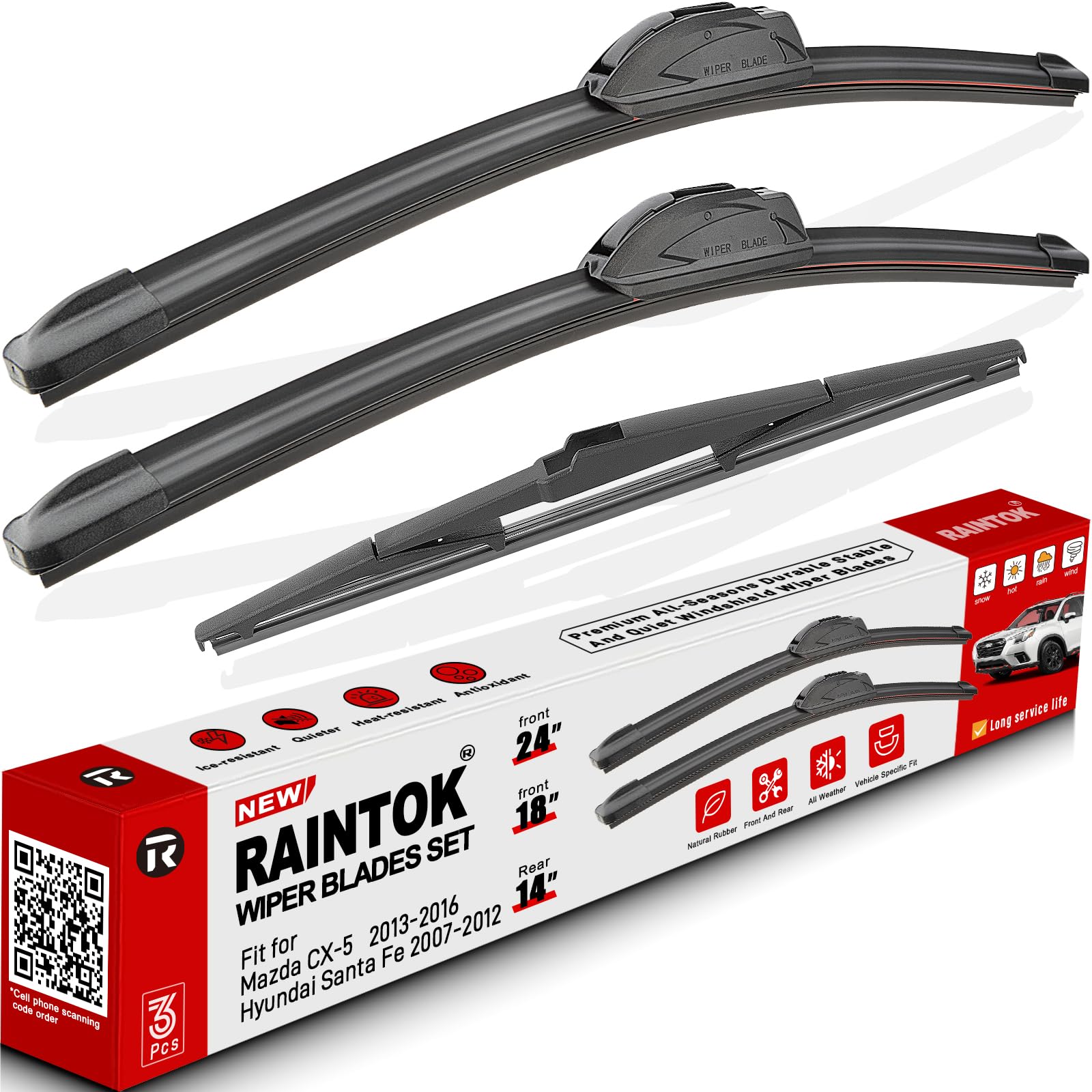 Raintok Windshield Wiper Blade Set Replacement For 2013-2016 Mazda Cx5 Cx-5/2007-2012 Hyundai Santa Fe Original Equipment Replac