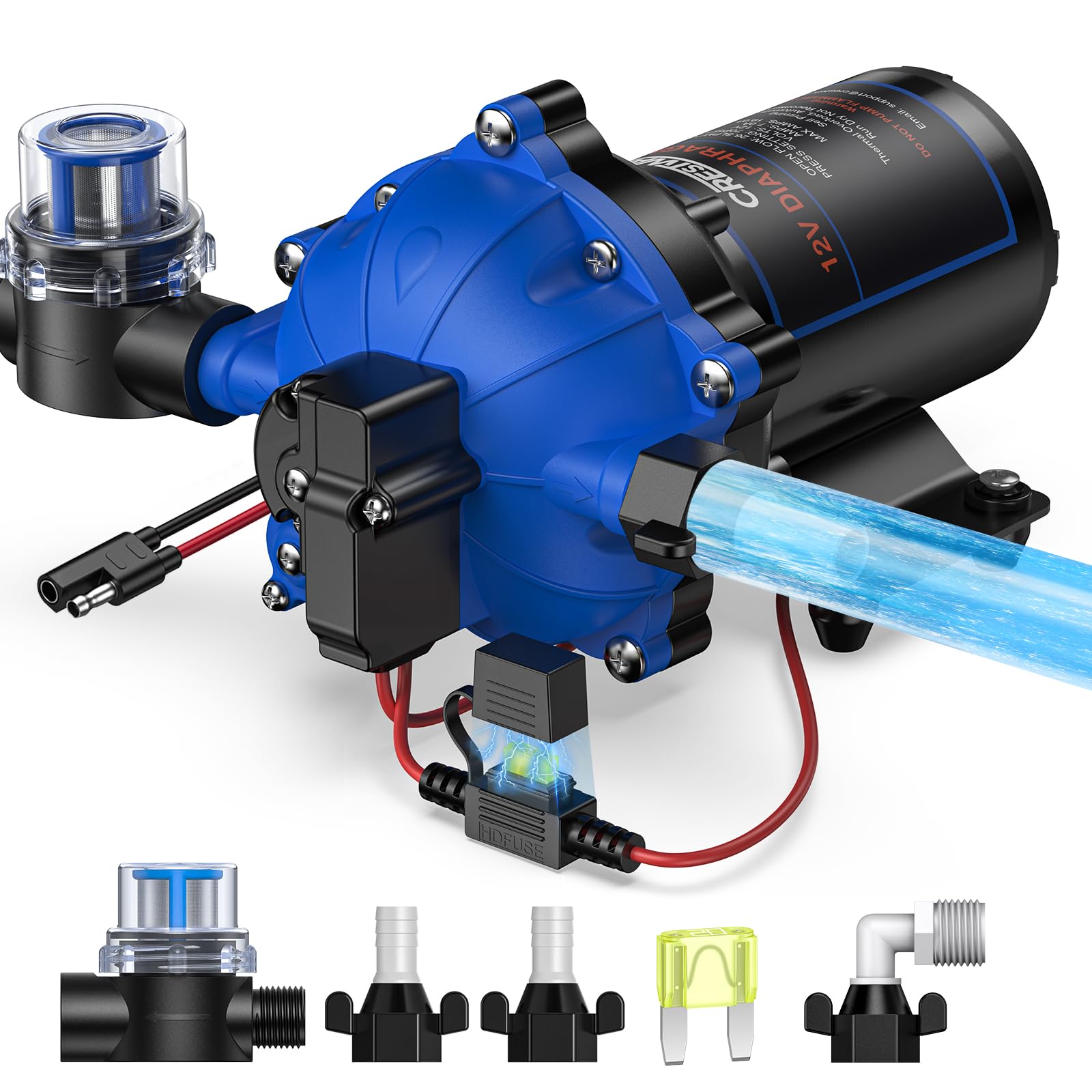 CrestWave 12V RV Water Pump, 7GPM 70PSI, 5-Chamber Diaphragm Pump with Overcurrent Protectors, Self-Priming Water Pressure Pump 