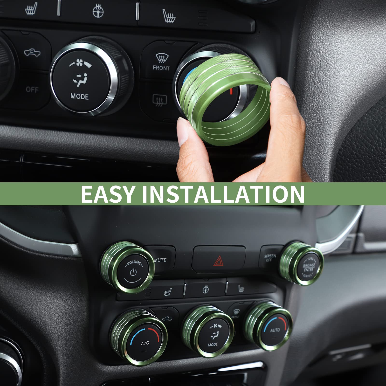 Voodonala for Dodge RAM Aluminum Center Console AC Radio Switch Knob Cover for 2018-2025+ RAM, 5pcs Green