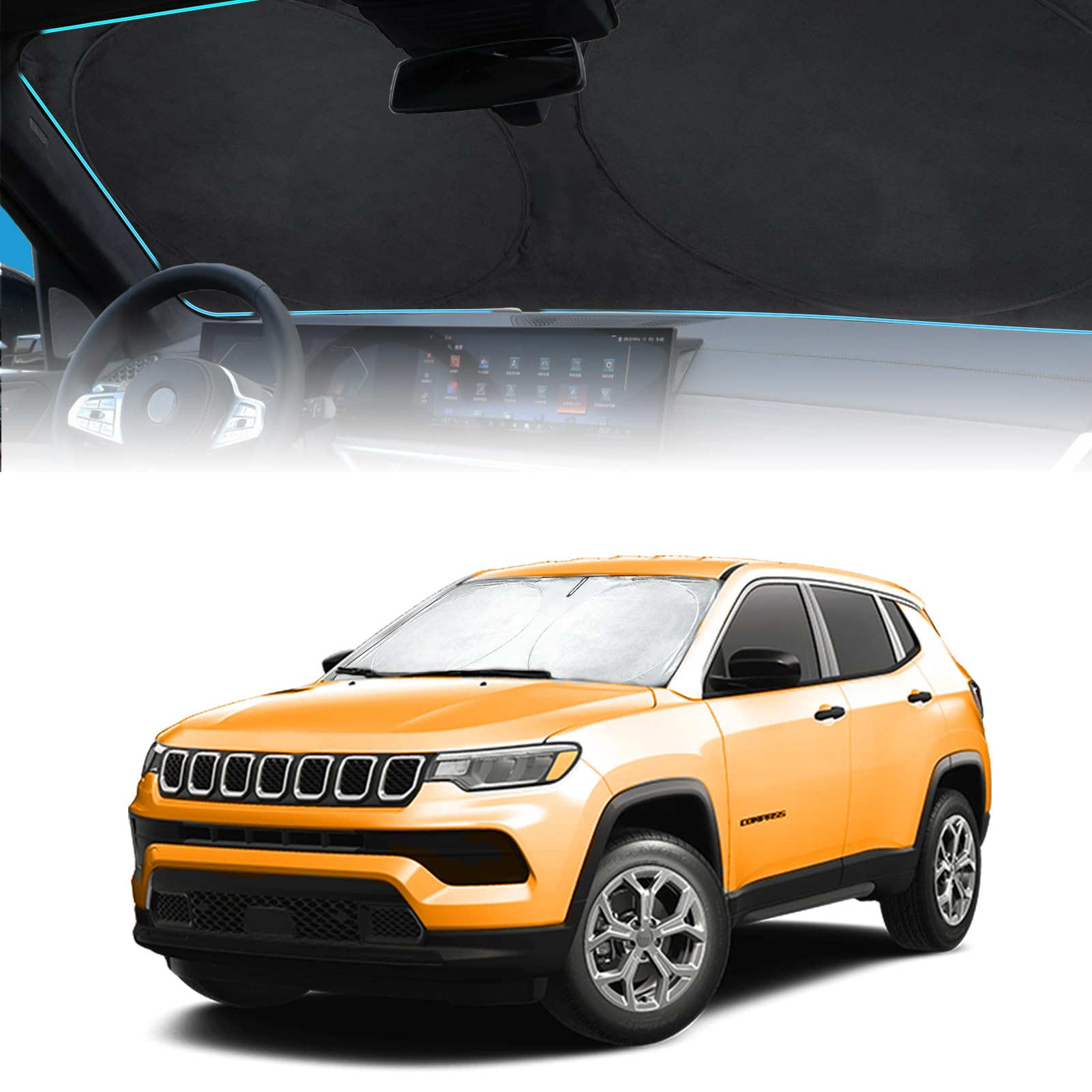For 2024 Compass Windshield Sun Shade Car Windshield Cover, Custom Fit For Jeep Compass 2017-2023 Ultimate Sun Protection Foldab