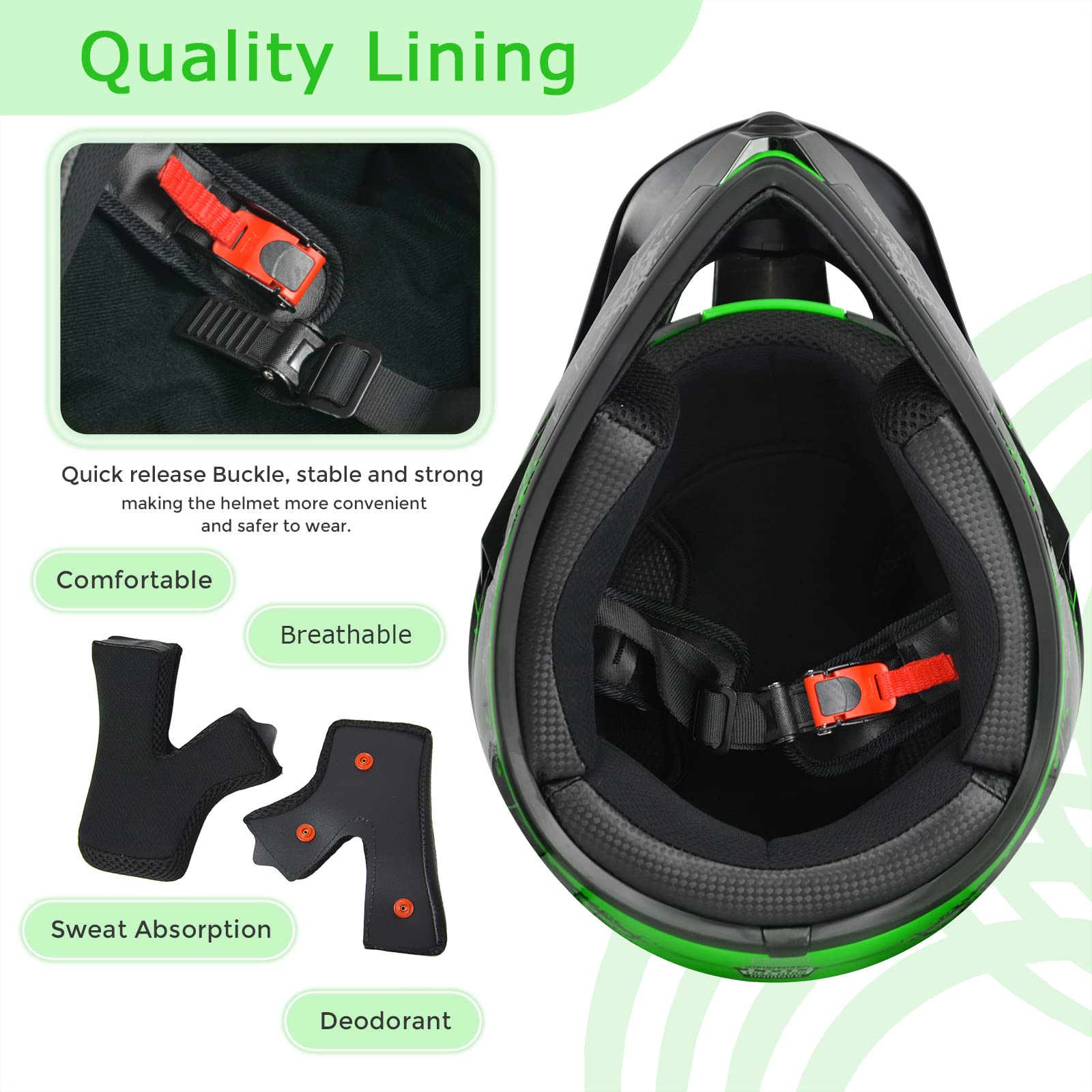 Sanqing Motocross Helmet Dirt Bike Helmet Fashion Youth Adult Off-Road Mountain Bike Motorcycle Helmet Dot Approved 4 Pcs Set (Green, Medium)