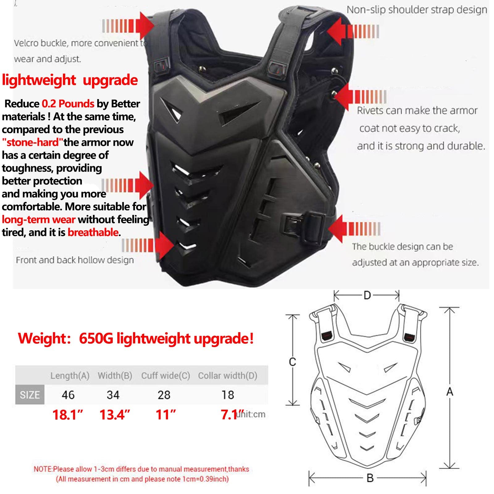 Light Upgrade Chest Armor Motorcycle Armor Body Guard Vest, Dirtbike Riding Off-Road Racing Cycling Skiing Motocross Adult Kids Protector Shirt Jackets For Street Bike, Mens Back Protection (Black)