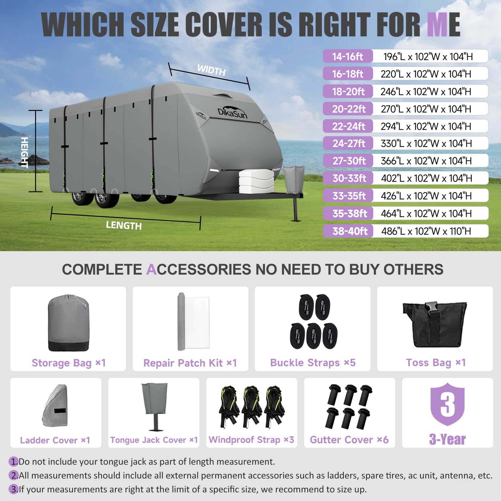 DikaSun RV Cover - 7 Layers Waterproof Travel Trailer Cover 22-24 ft - DK1 - Fits Toy Hauler with Tongue Jack & Gutter Covers
