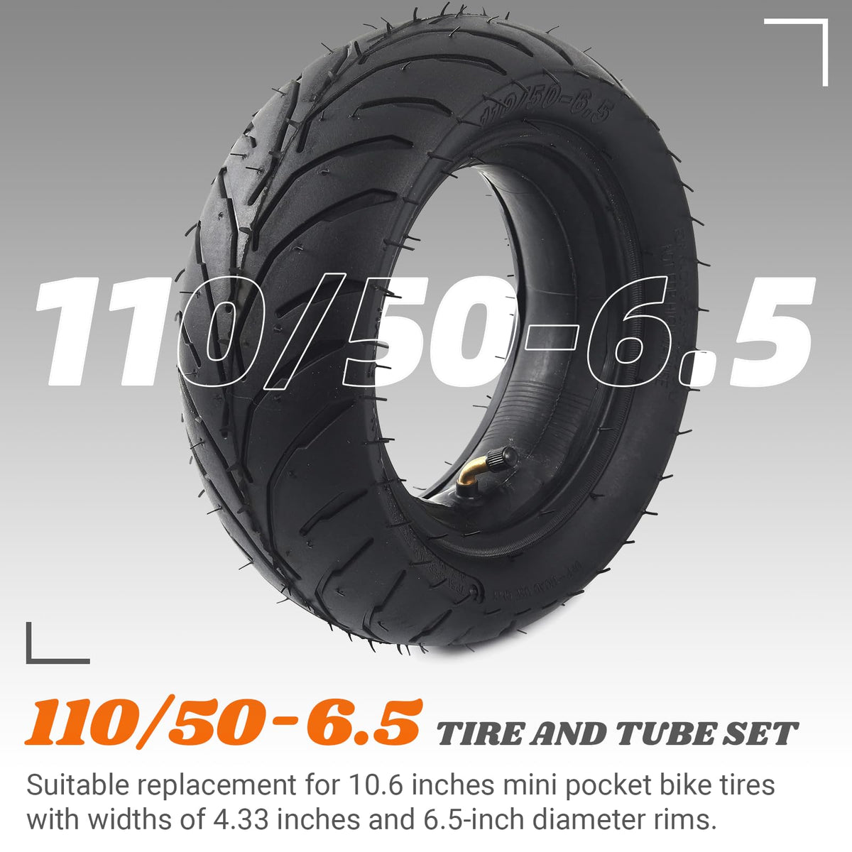 AR-PRO Universal Replacement Tire and Tube Set for Mini Pocket Bikes - 110/50-6.5, Rubber, Angled Valve Stem, Fits 38cc-49cc Models