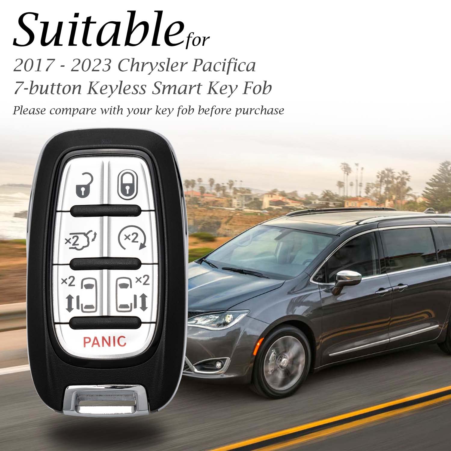 Vitodeco Genuine Leather Smart Key Fob Case Cover Protector with Leather Key Clap Compatible for Chrysler Pacifica 2017 - 2024 (7-Button, Black/Red)