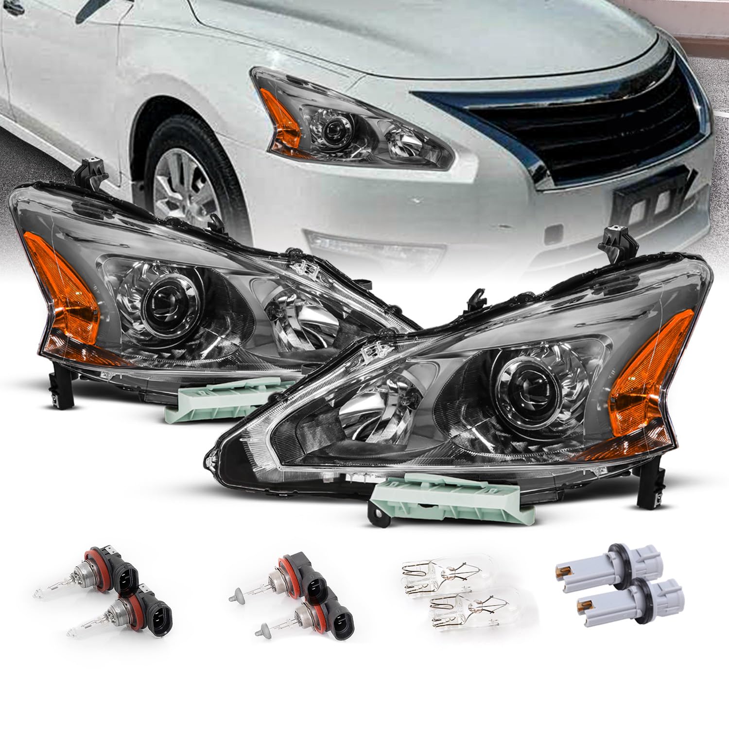 Amerilite For 2013-2015 Altima Sedan Gun Metal Tint Replacement Halogen Projector Headlight Pair - Driver And Passenger Side
