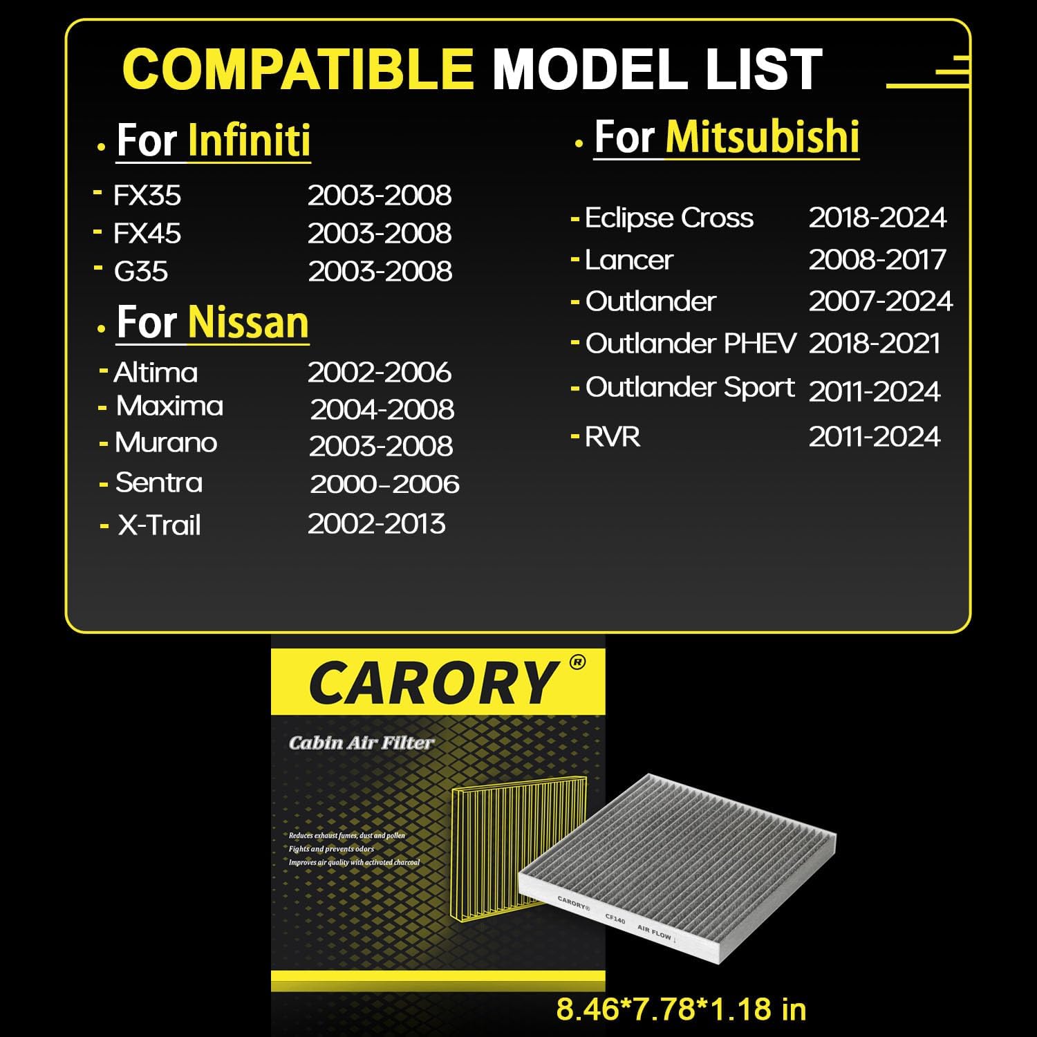 CARORY Cabin Air Filter w/Activated Carbon for Nissan Altima 02-06, Maxima 04-08, Murano 03-08, Sentra 00-06, X-Trail 02-13, Pat