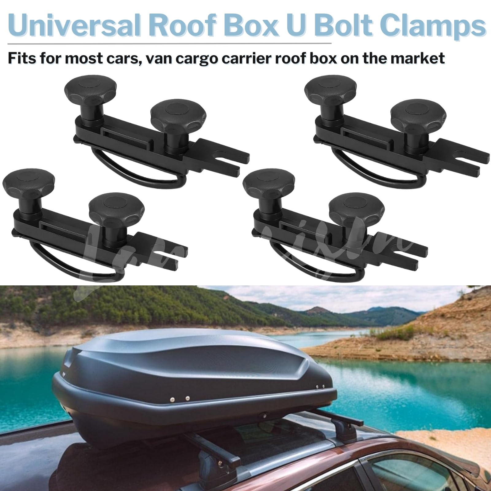 4 Pcs Universal Roof Box U-Bolt Clamps, Upgraded Rooftop Cargo Carrier Rack Bolts, Car Van Mounting Fitting Kit 85Mm Inner Width Metal U-Bracket Clips W/ 8 Lock Nuts 2 Straps