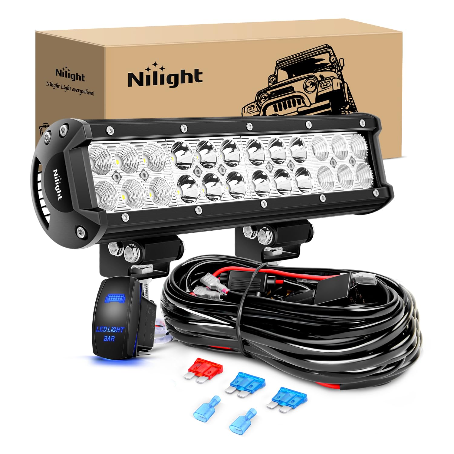 Nilight - Zh084 Led Light Bar 12Inch 72W Spot Flood Combo Led Off Road Lights 12V 5Pin Rocker Switch Wiring Harness Kit- One Lea