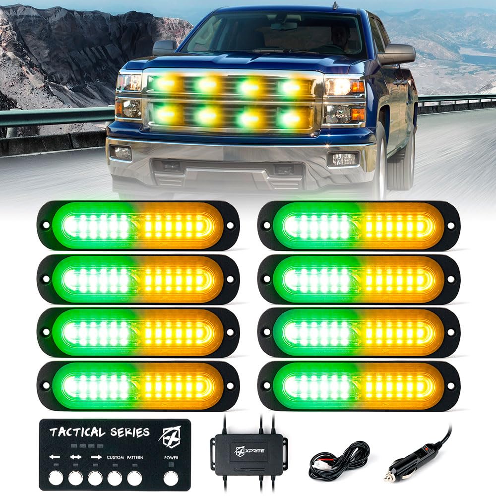 Xprite Amber Green Led Surface Mount Strobe Lights Kit, W/Control Panel Emergency Safety Warning Flashing Grille Cop Marker Ligh