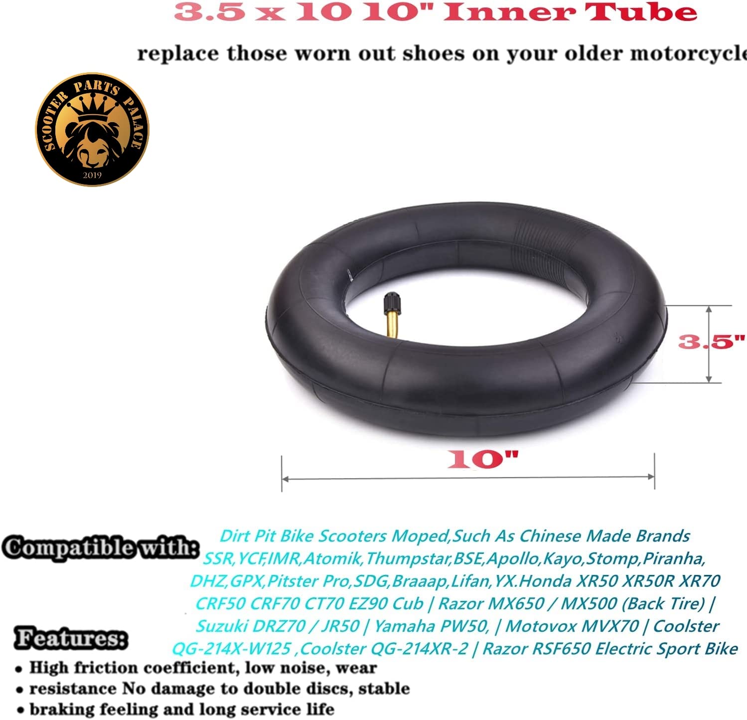 3.5 X 10 10' Inner Tube For Scooter Moped Pit Dirt Bike Motorcycle Fit Honda Xr50 Xr50R Xr70 Crf50 Crf70 Ct70 Ez90 3.5-10 Compatible With A 10' Rim
