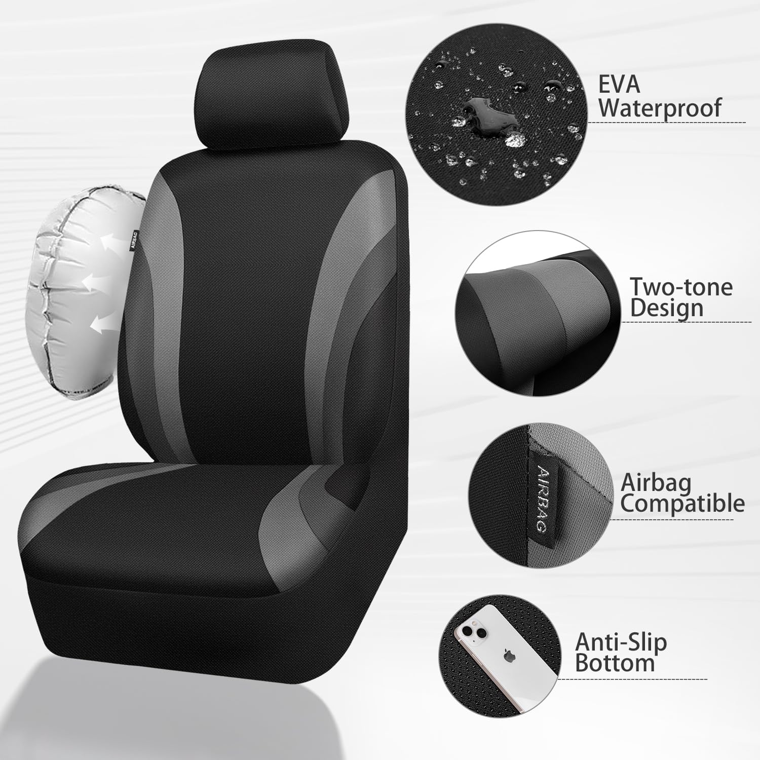 Car Pass Eva Waterproof Car Seat Covers Full Set,Black Gray Seat Covers For Cars,Airbag Compatible,Universal Fit Sedans,Vans,Suv