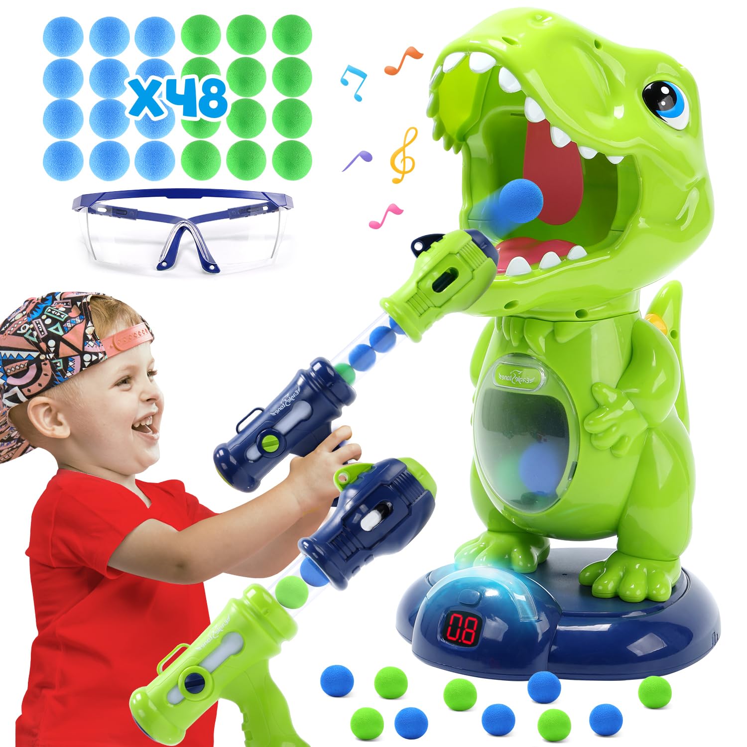 Eaglestone Movable Dinosaur Shooting Toys For Kids,Electronic Target Shooting Games With 2 Pump Gun,48 Balls Party Favor Toys Wi
