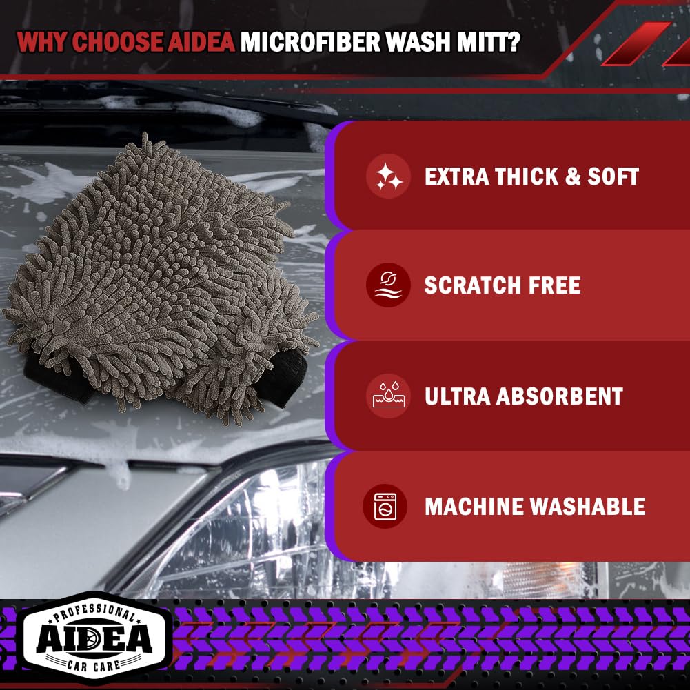 Aidea Car Wash Mitt Microfiber-2Pack, Scratch-Free& Lint-Free, Premium Chenille Microfiber Wash Mitt-Grey Extra Large Size (8''X