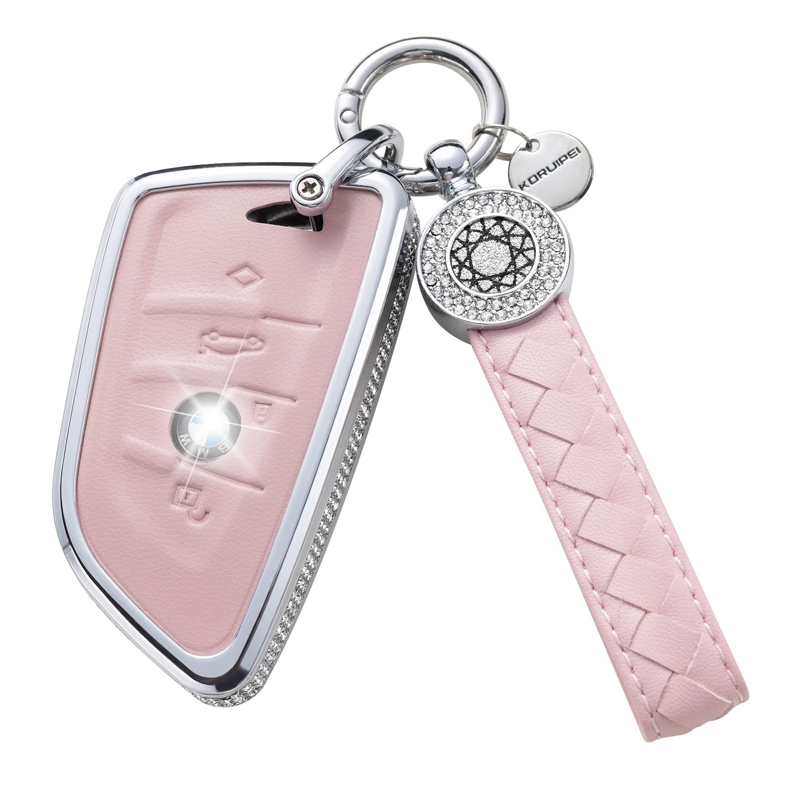 Ruabiban For Bmw Key Fob Cover With Keychain, Pink Genuine Leather Crystal Key Case Protection Shell Compatible With Bmw 2 5 6 7