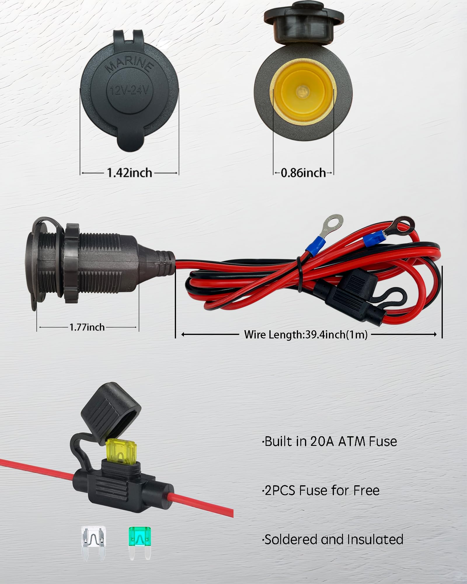 YIWOFUWO 3FT 12V Fixed Thread Cigarette Lighter Socket Extension Cable, 12V Waterproof Outlet Socket Replacement 13AWG Heavy Dut