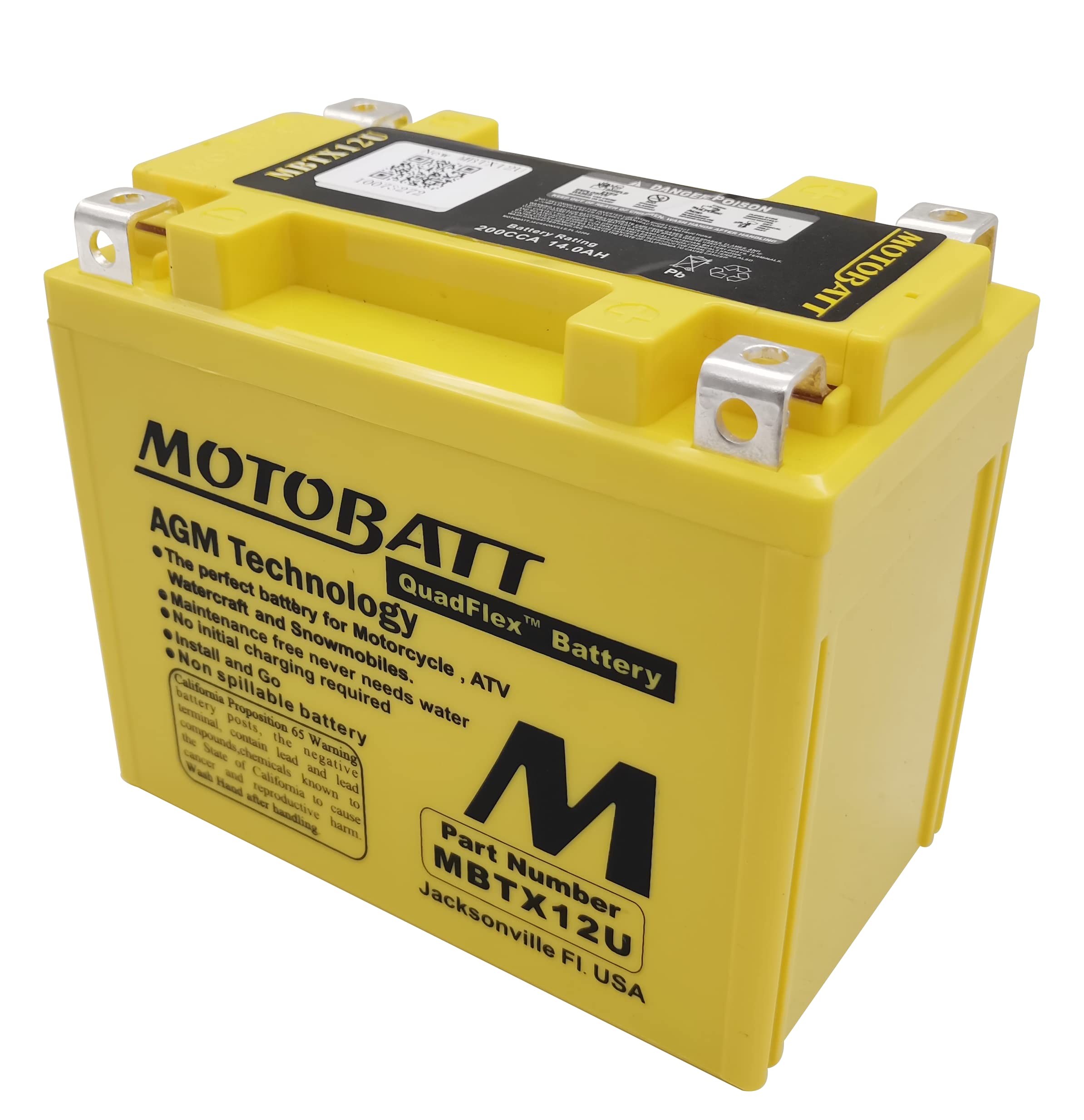 MotoBatt MBTX12U (12V 14 Amp) 200CCA Factory Activated QuadFlex AGM Battery - YB12BB2, YTX12BS, YTX12, YTX14BS, YTX14, YTX14L, YTX14H, YTX14HBS, YTX14LBS, YTX15L, YTX15LBS, ETX12, ETX14, AUX-400-200