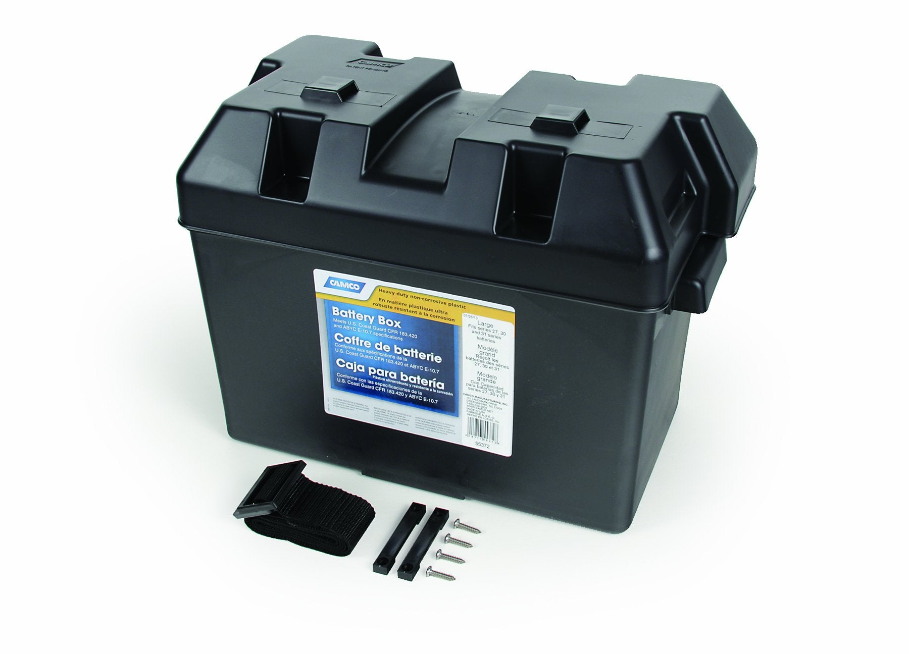 Camco Large Battery Box With Straps And Hardware - Group 27, 30, 31 |Safely Stores Rv, Automotive, And Marine Batteries | Measures Inside 7-1/4 X 13-1/4 X 8-5/8 | (55373), Black