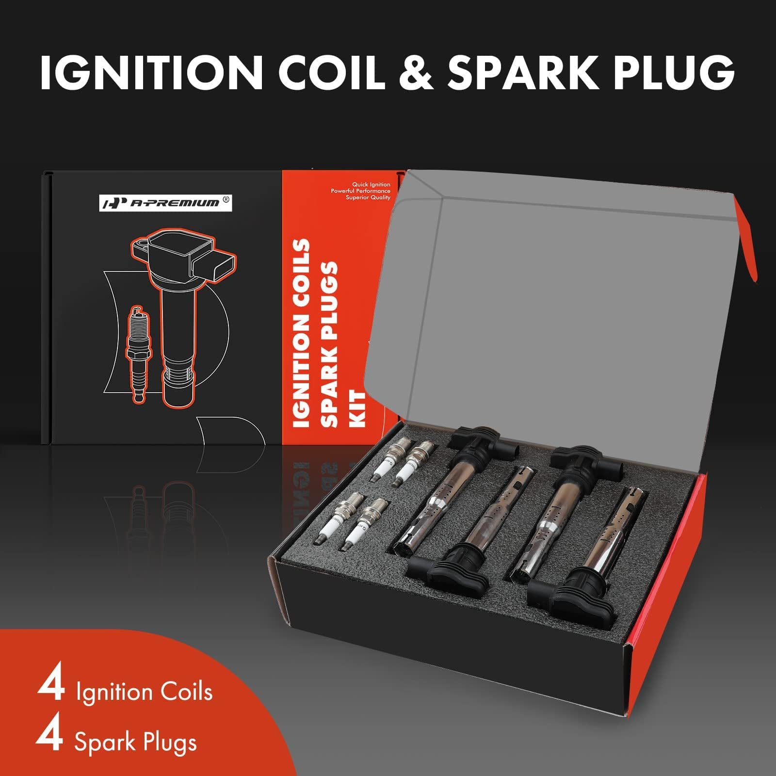 A-Premium Set Of 4 Ignition Coil Pack And Iridium Spark Plugs Compatible With Audi A3 2004-2013, A4 2005-2016 & Volkswagen Jetta