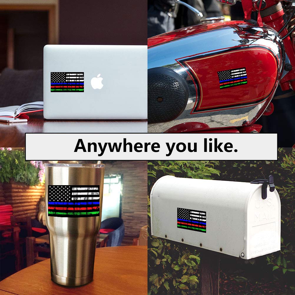 Creatrill Reflective Tattered Thin Blue Red Green Line Decal Matte Black - 3 Packs 3x5 in. American USA Flag Decal Stickers for