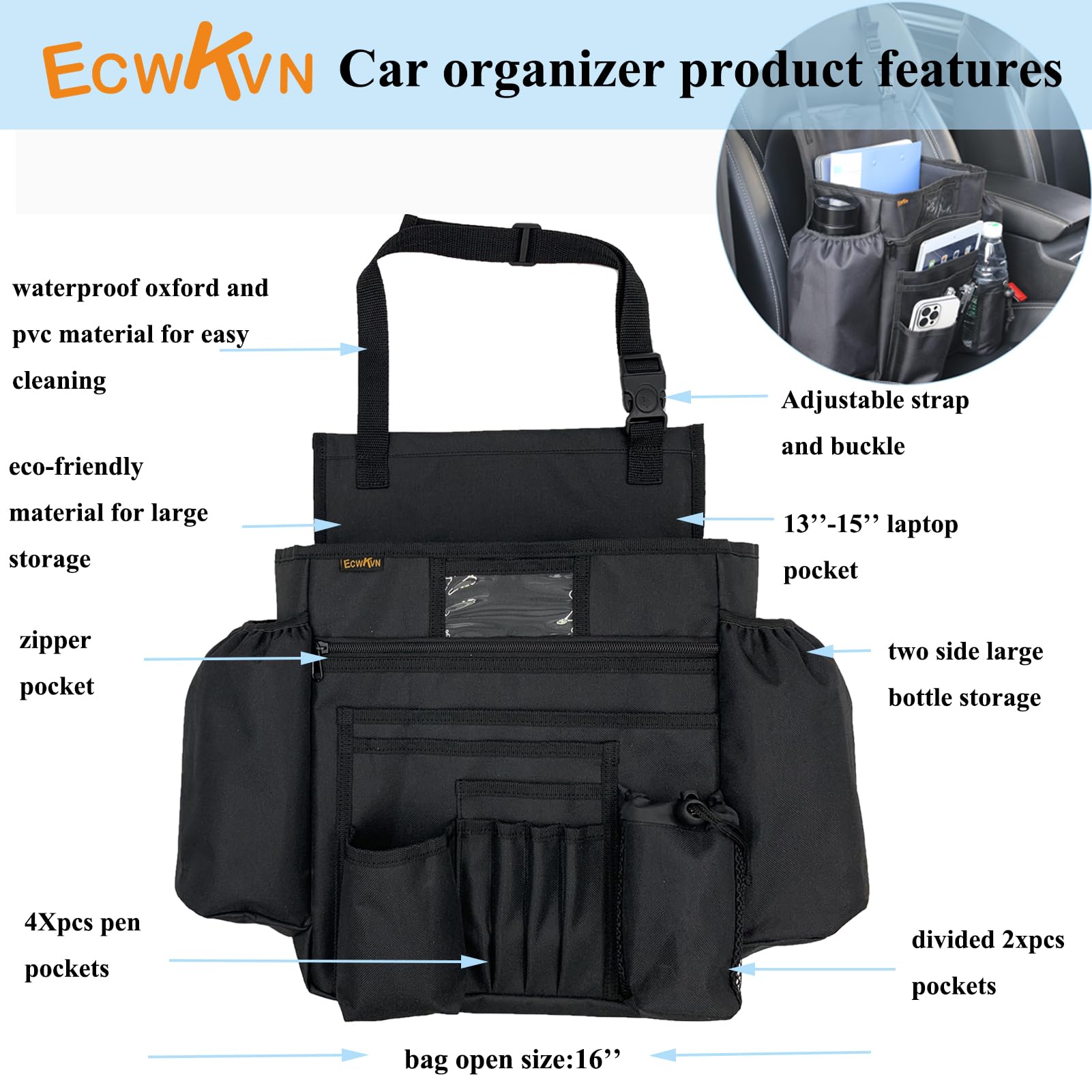 ECWKVN Front Seat Organizer - Black Passenger Seat File Organizer with Laptop Holder & Cup Holder for Cars, Ideal for Law Enforcement