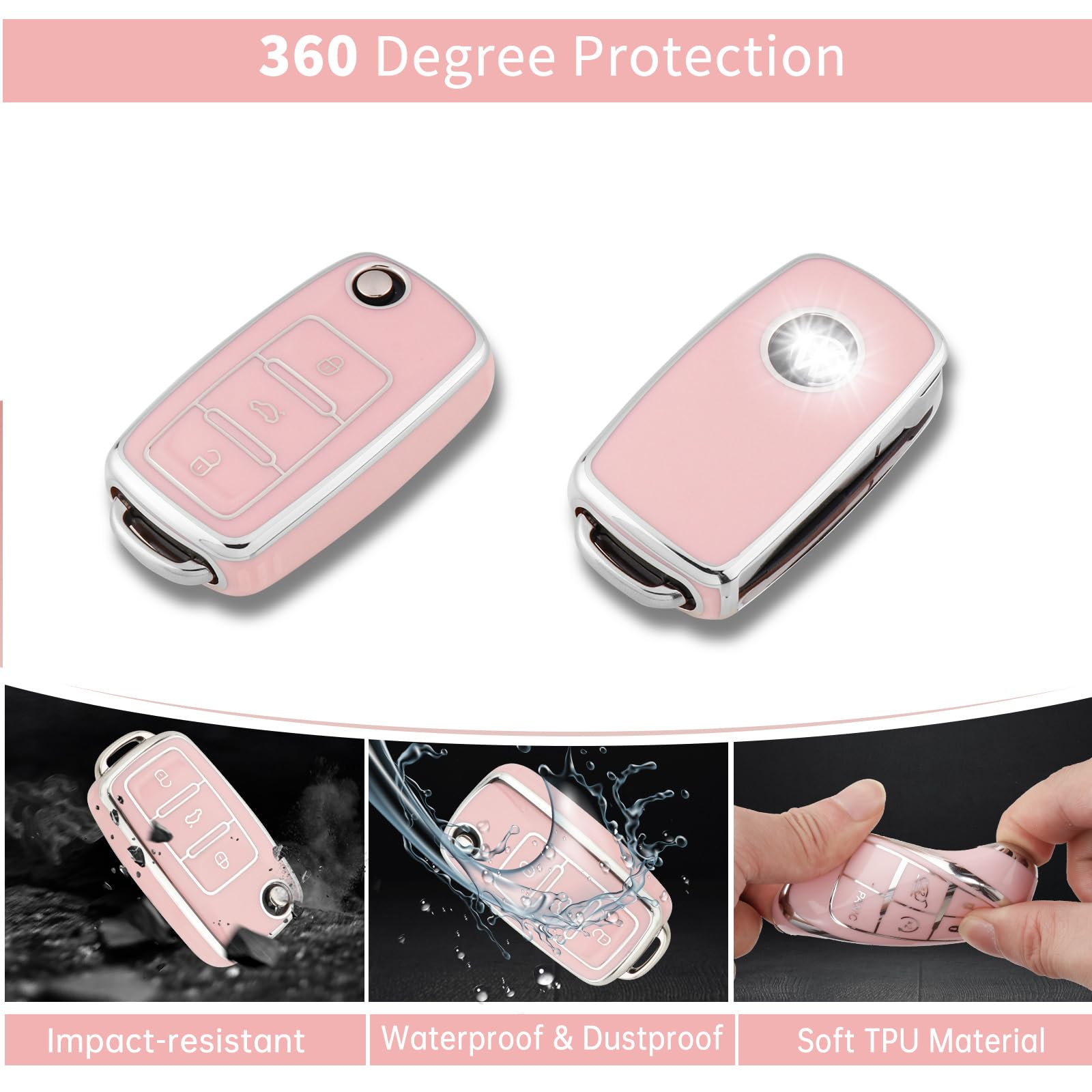 Pangpai Pink Car Accessories 3 Pcs For Vw Volkswagen Jetta Golf Polo Mk6 Passat Tiguan Beetle Key Fob Cover With Bling Keychain