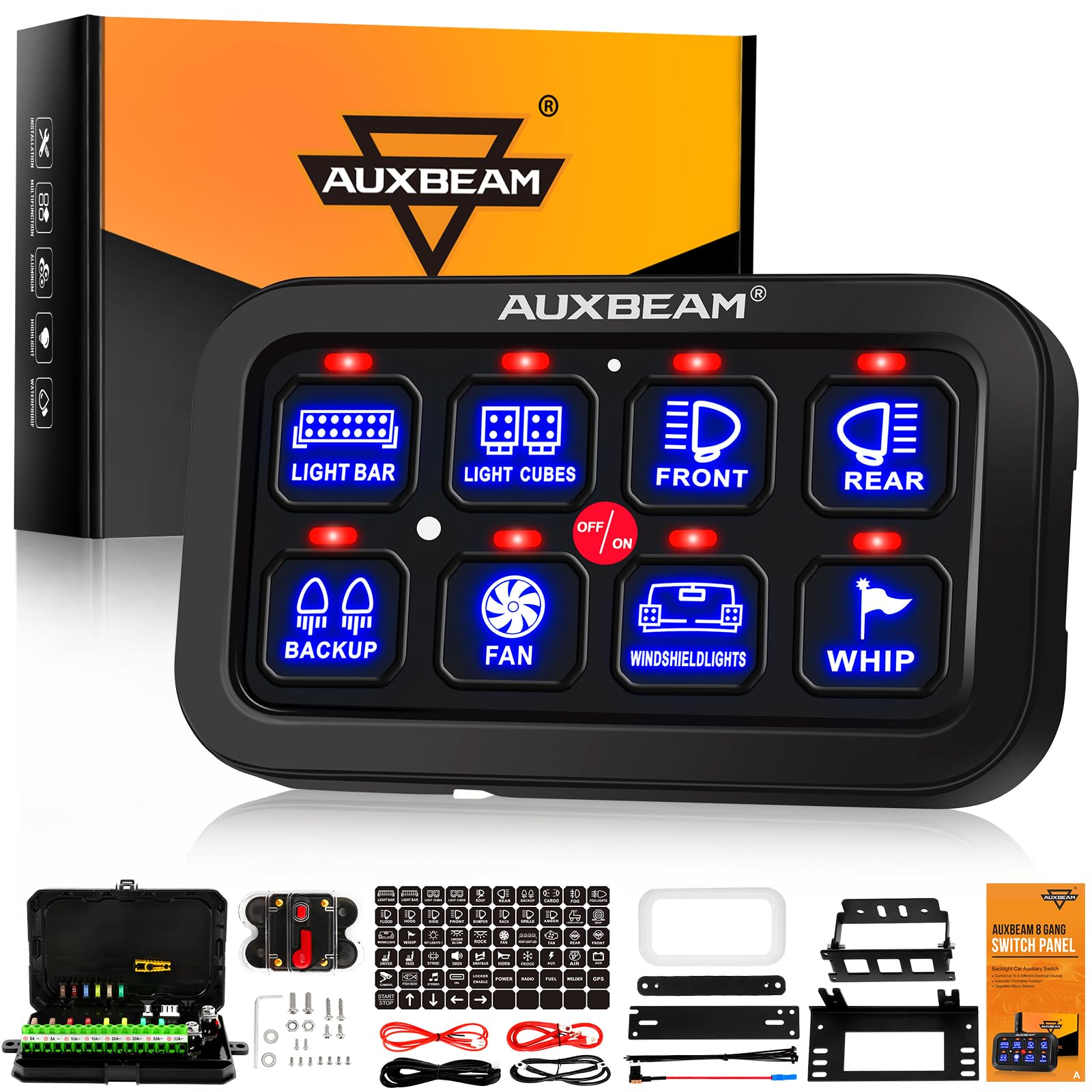 Auxbeam 8 Gang Switch Panel Ba80, Universal Circuit Control Relay System Box With Automatic Dimmable On-Off Led Switch Pod Touch