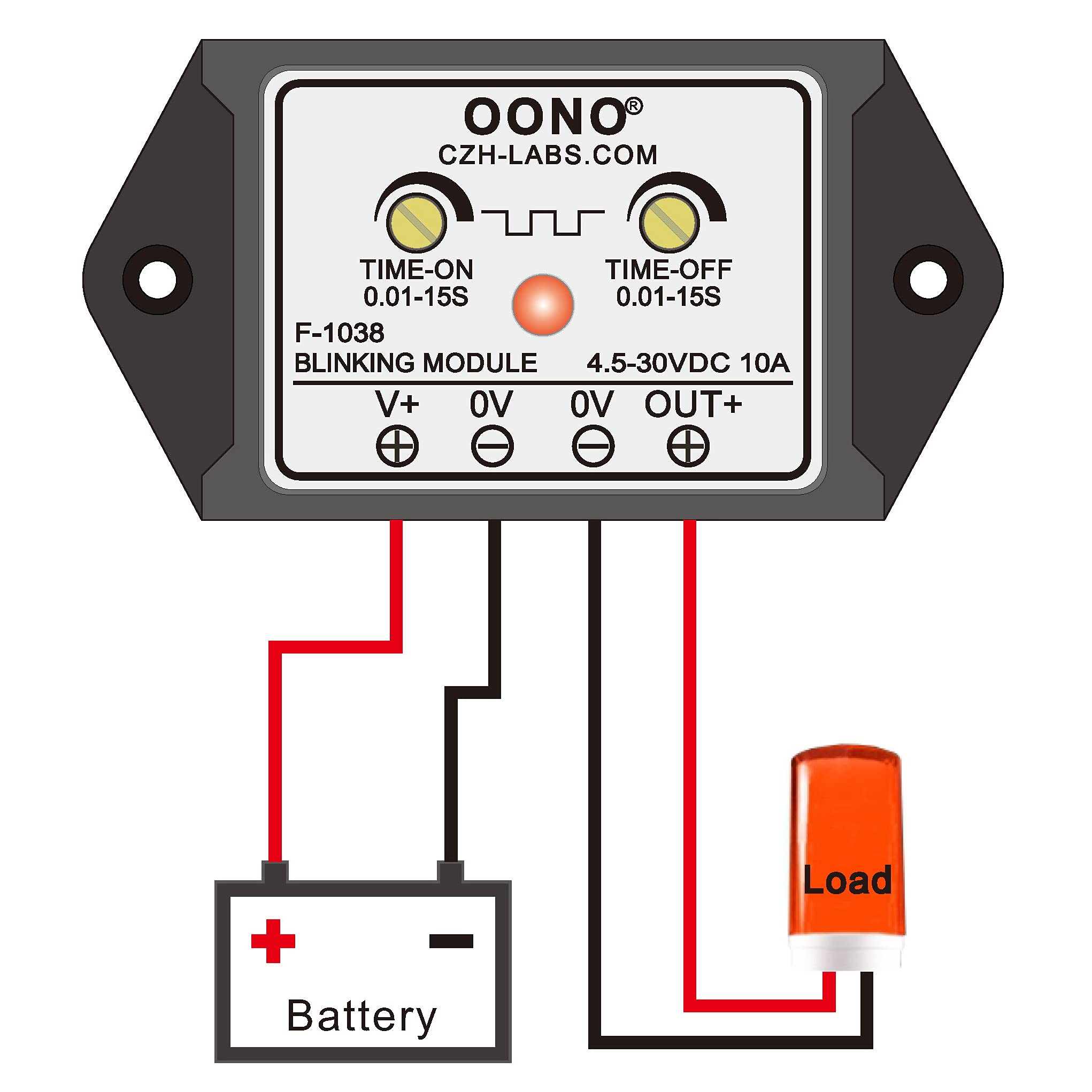 OONO DC 4.5-30V 10Amp Blinking Flasher Module, Normally Open, Model F-1038, ABS Material