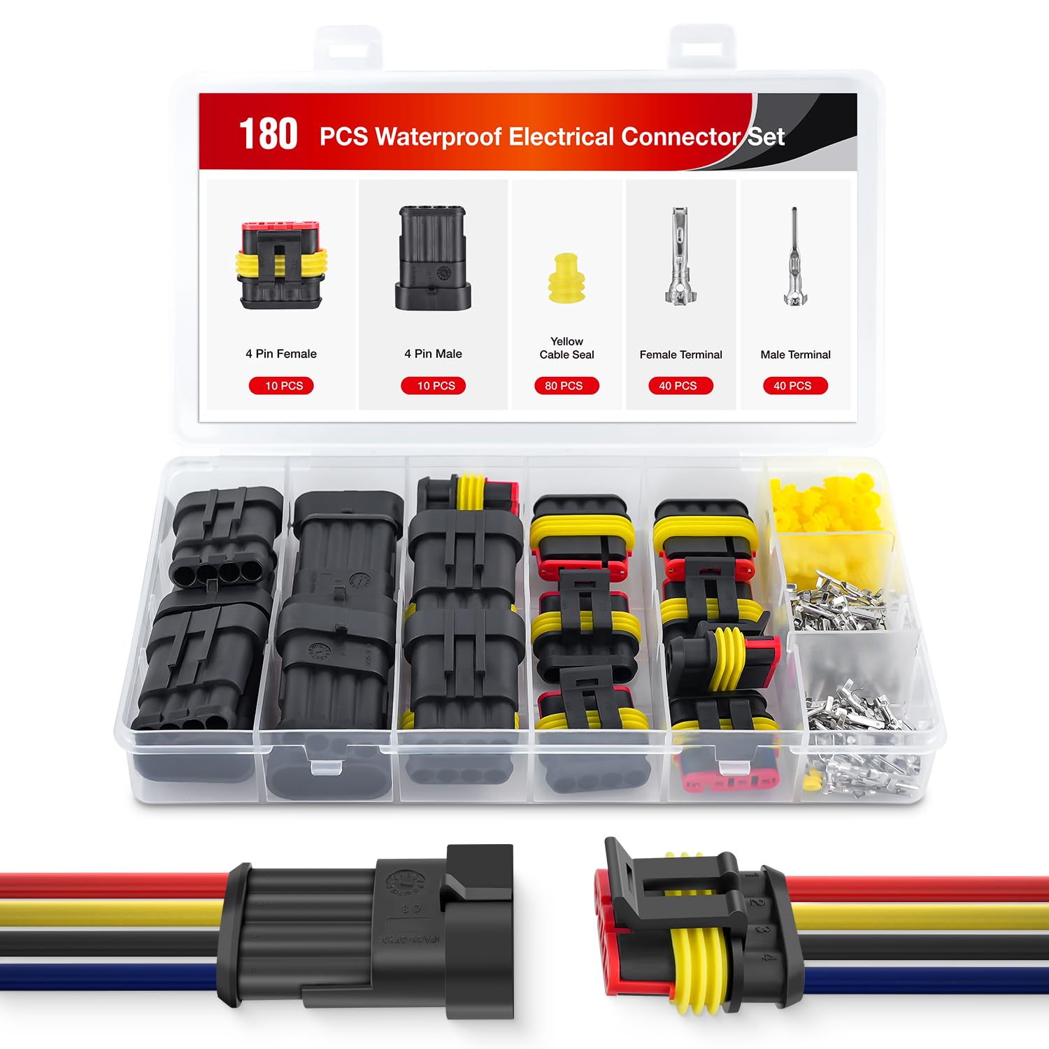 Nilight 180Pcs 4 Pin Electrical Connector Plug Male Female Terminal Wire Waterproof Connectors 4 Way Automotive Connect Set For