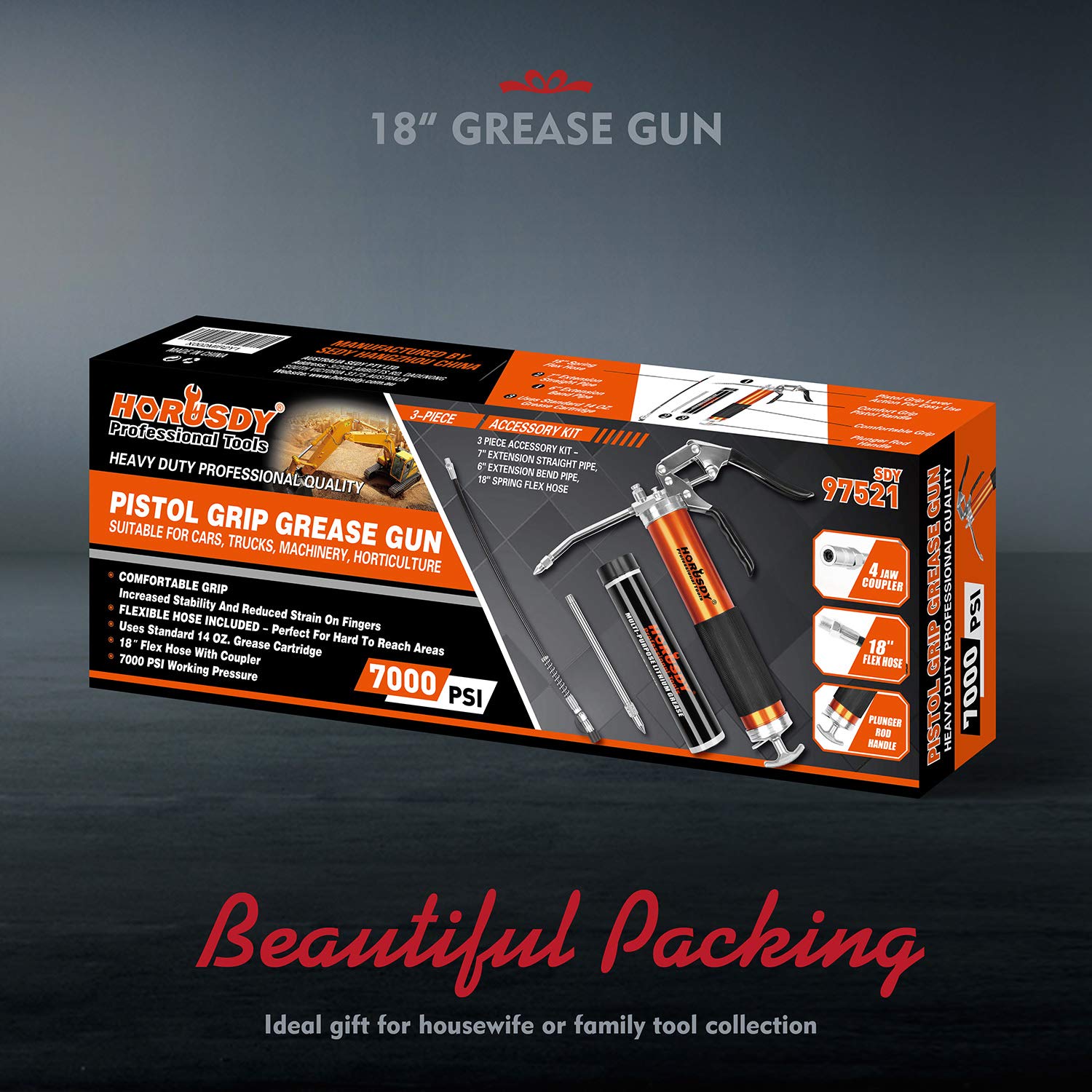 Horusdy Grease Gun, 7000 Psi Heavy Duty Pistol Grip Grease Gun With 14 Oz. Grease & 18 Flex Hose Coupler