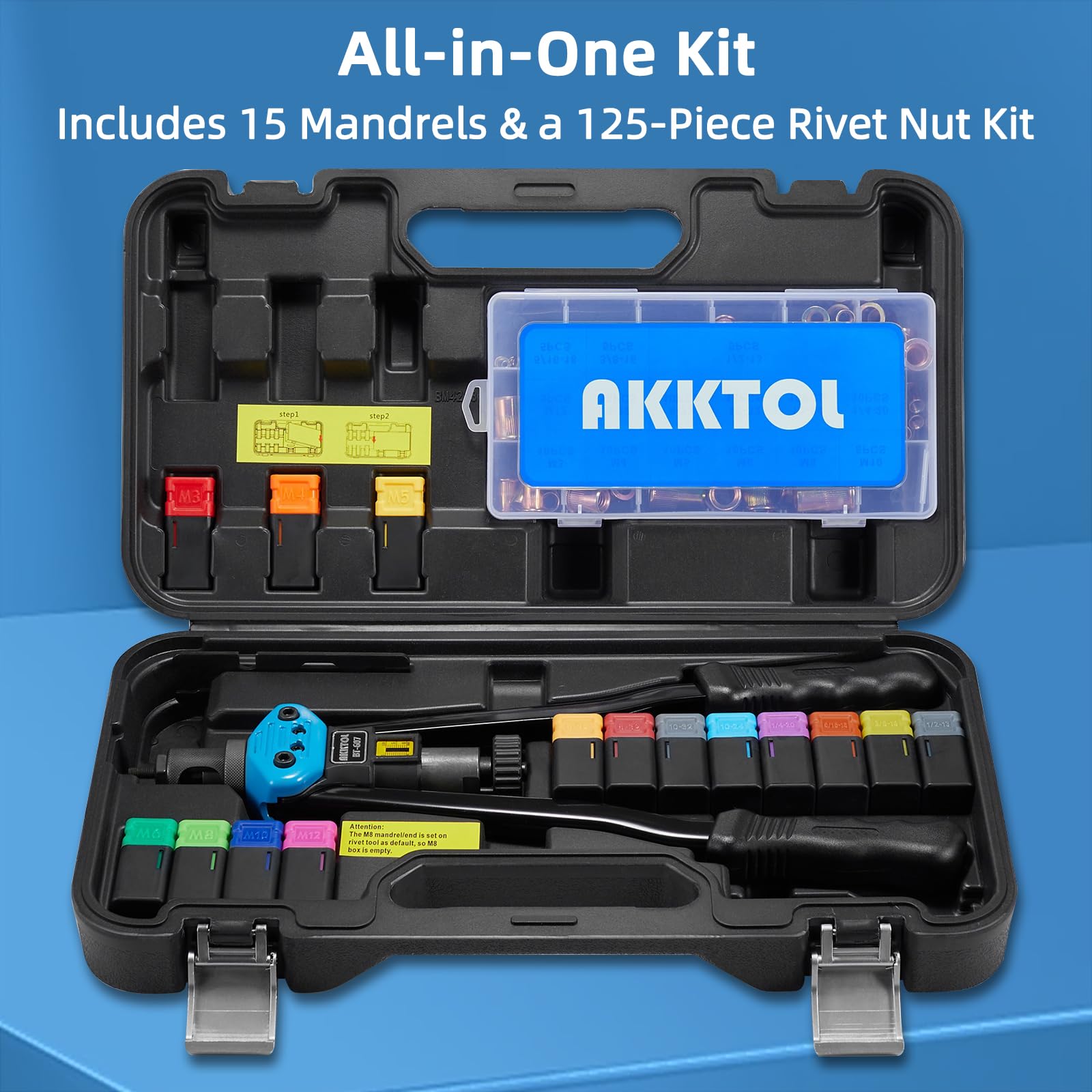 Akktol Rivet Nut Tool, 16 Rivnut Tool Kit With 15 Metric And Sae Mandrels, 125-Pcs Rivet Nut Assortment Kit, Rugged Carrying Case, Ideal For Sheet Metal & Automotive Work
