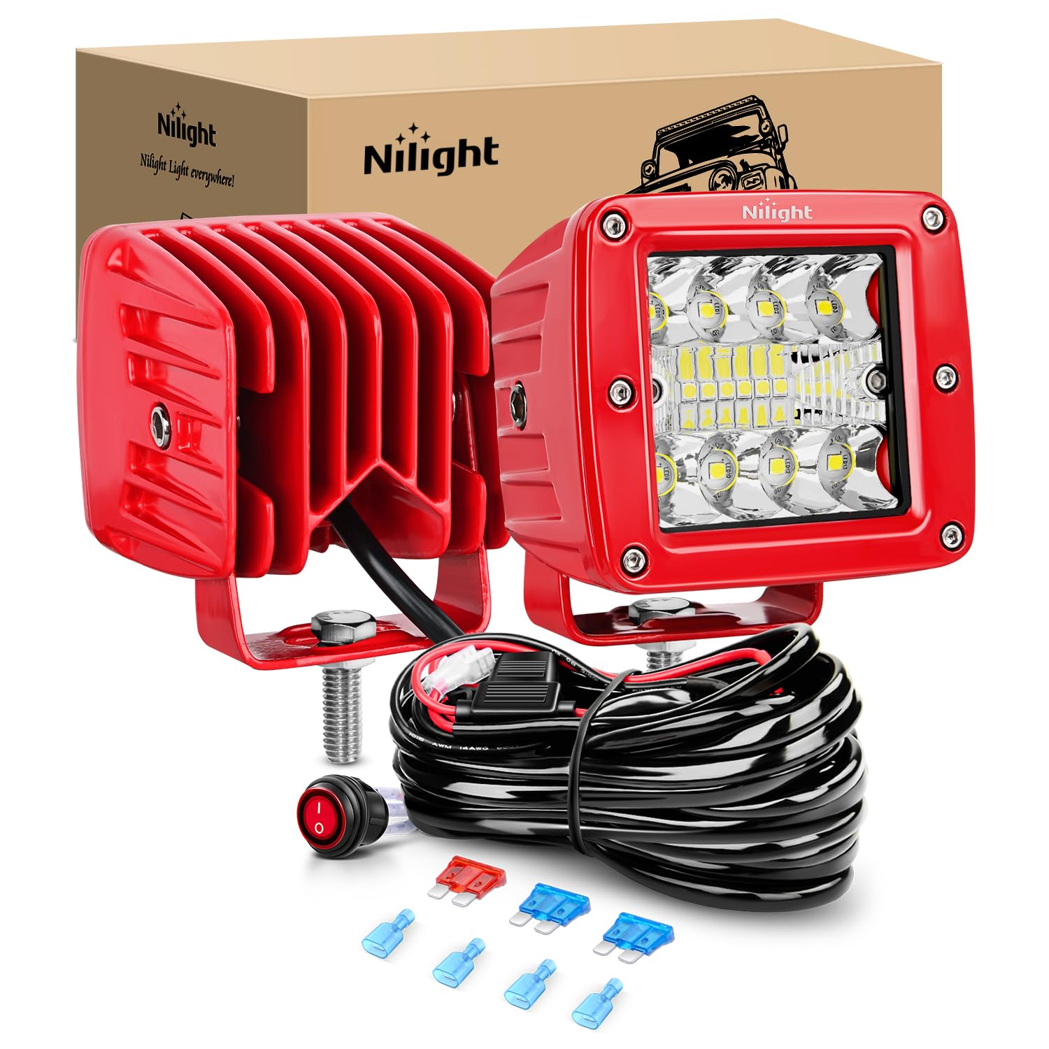 Nilight Led Light Pods 2Pcs 42W 3 Inch Triple Row Spot Flood Combo Cubes With Wiring Harness Kit For Driving Backup Reverse Ligh