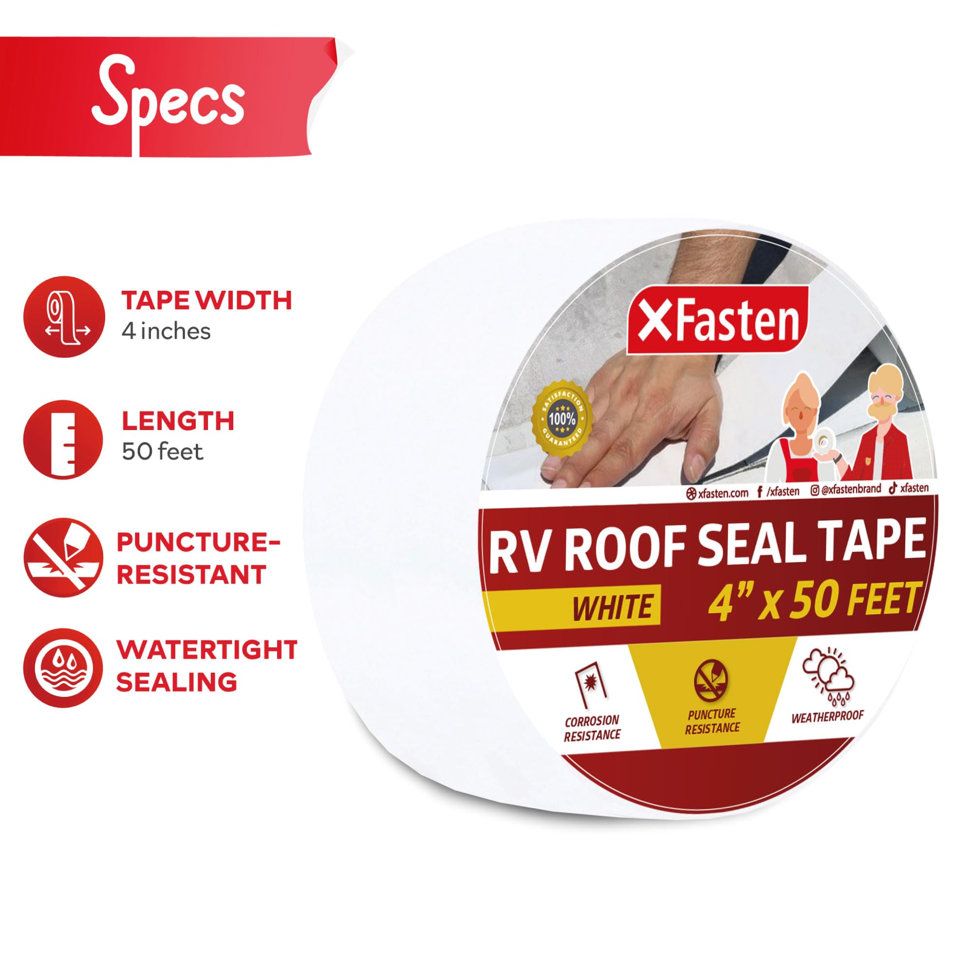 X Fasten Rv Repair Tape, White, 4-Inches By 50-Foot, Weatherproof Rv Rubber Roof Patch Tape For Rv Repair, Window, Vent, Boat Se