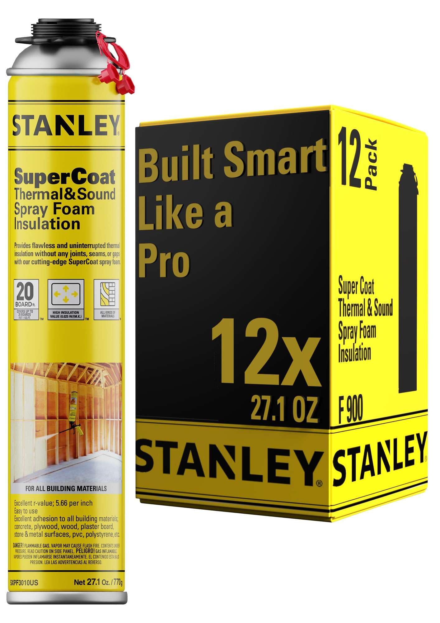 STANLEY Supercoat Spray Foam Insulation - Closed Cell Spray Foam Covers Up to 240 Sq.Ft. Gun Use, Gun Not Included, 27.1 oz, 12 