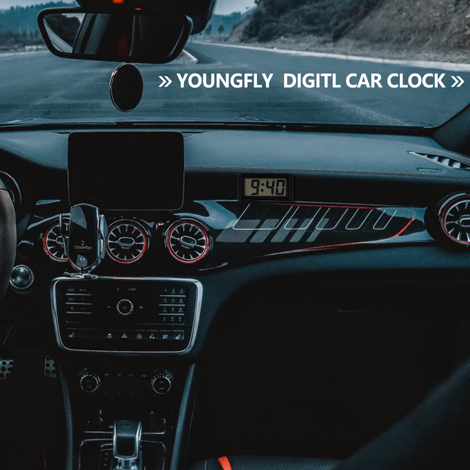 Youngfly 4Pcs Small Digital Clock, Vehicle Adhesive Clock With Jumbo Lcd Time & Day Display, Mini Car Dashboard Clock Battery Op