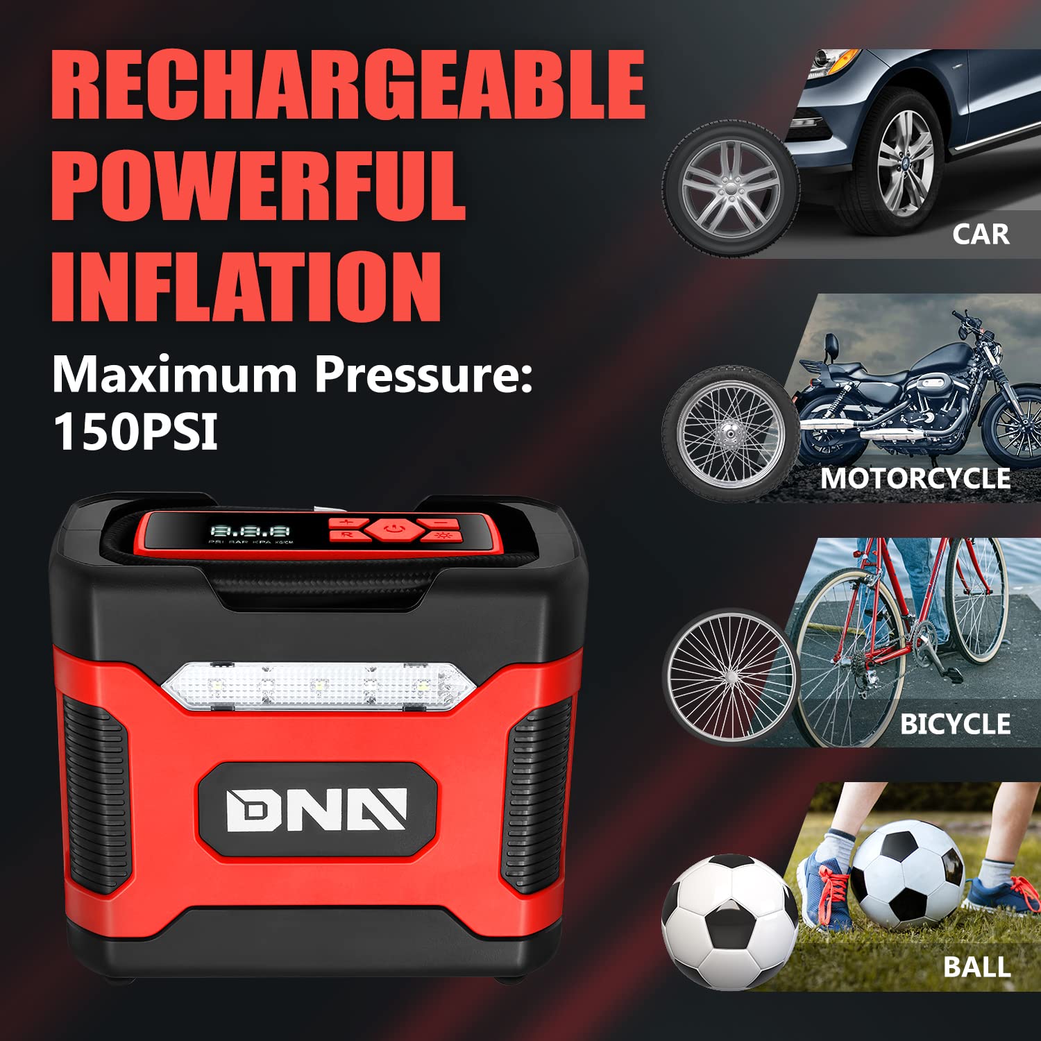 Dna Motoring Tools-00210 Red 12V Dc Digital Tire Inflator Portable Air Compressor With Pressure Gauge For Cars, Bicycles, Motorc