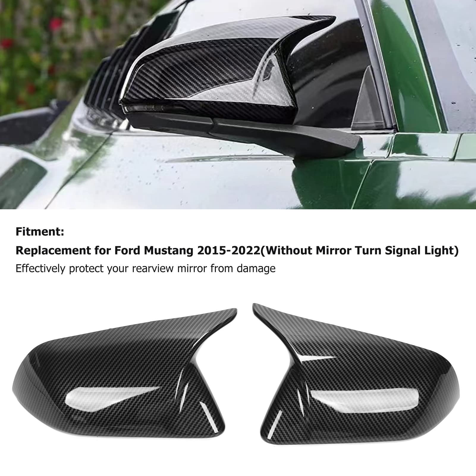 Wing Mirror Cover, 2Pcs Door Mirror Cover Left Right Horn Replacement For Mustang 2015 2016 2017 2018 2019 2020 2021 2022 (Carbon Fiber Pattern)