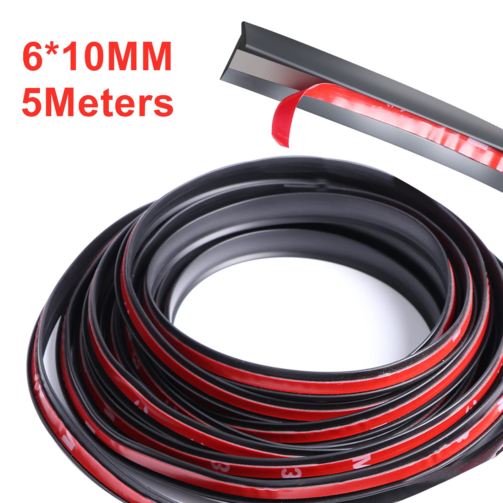 Greceyou 5M/16.5Ft Universal Self Adhesive Auto Rubber Weather Draft Seal Strip, Car Windshield Edge Moulding Sealing Strip Soundproof T-Type Rubber Edge Protector Trim, Black, 6 * 10Mm