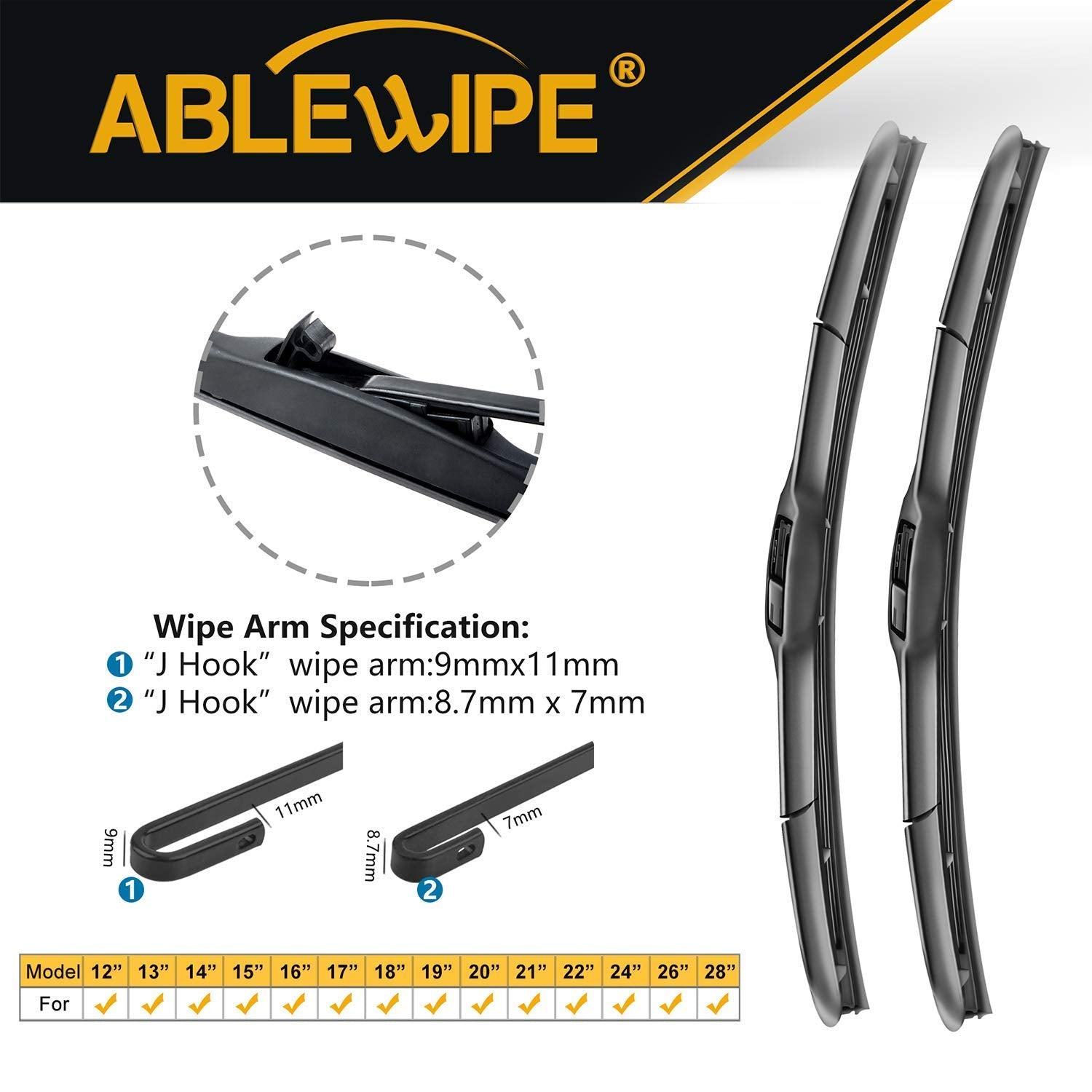 Ablewipe Windshield Wiper Baldes, 19 Front Window Wiper Blades Model: 18O13B (1 Piece)