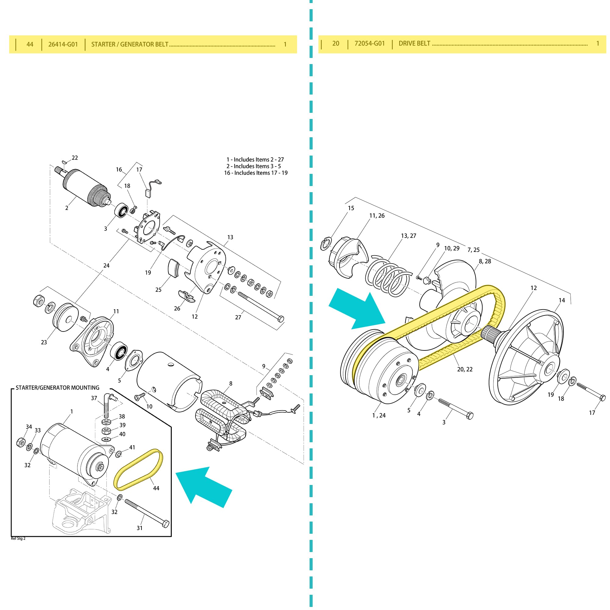 10L0L Clutch Drive Belt & Starter Generator Belt Kit For Ezgo Txt, Medalist, Workhorse 1994-Up Golf Cart With 295/350Cc Robin Engines, Oem 72054G01 72024G01 72025G01 26414G01 630587