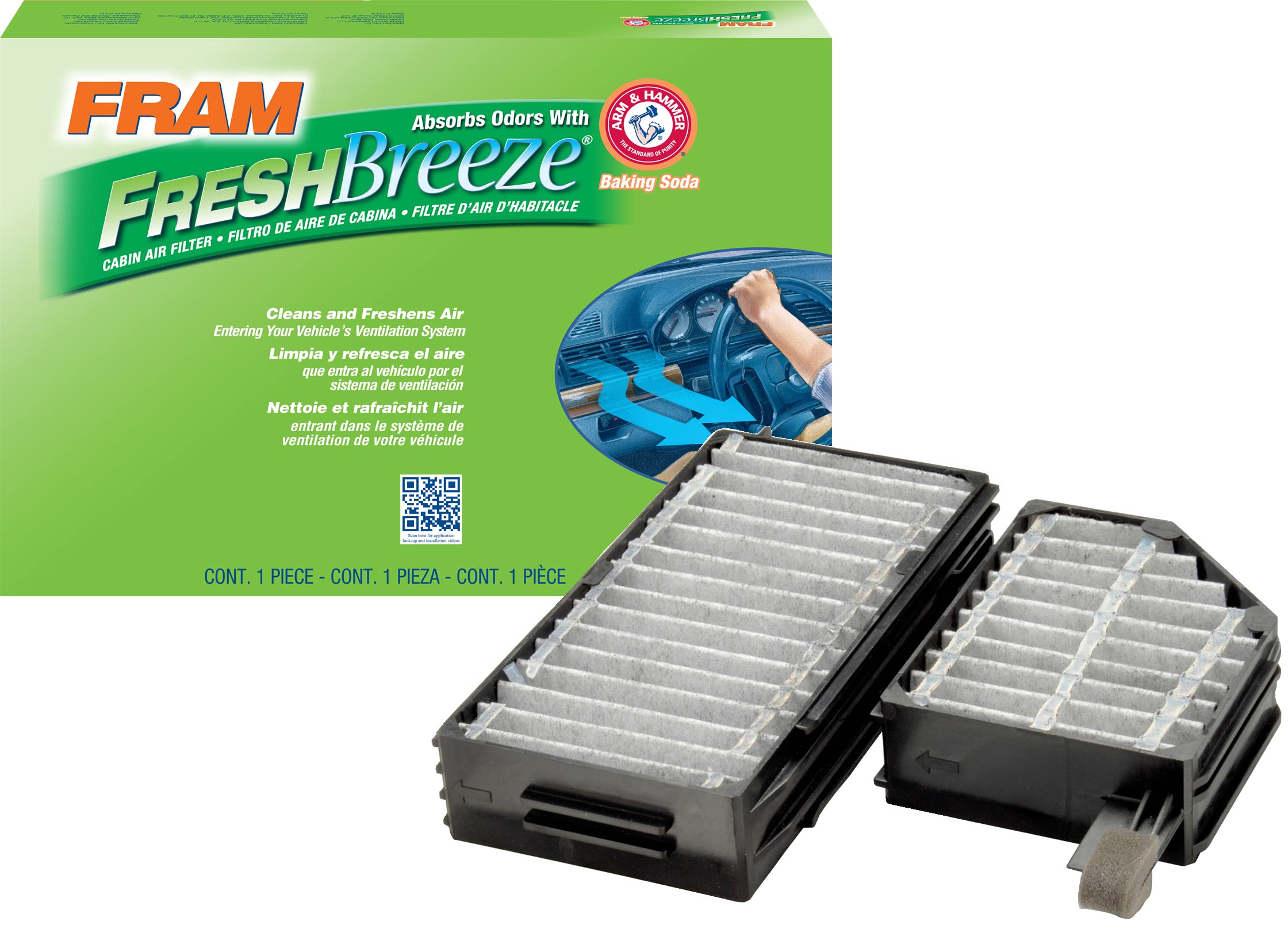 Fram Fresh Breeze Cabin Air Filter Replacement For Car Passenger Compartment W/ Arm And Hammer Baking Soda, Easy Install, Cf1038