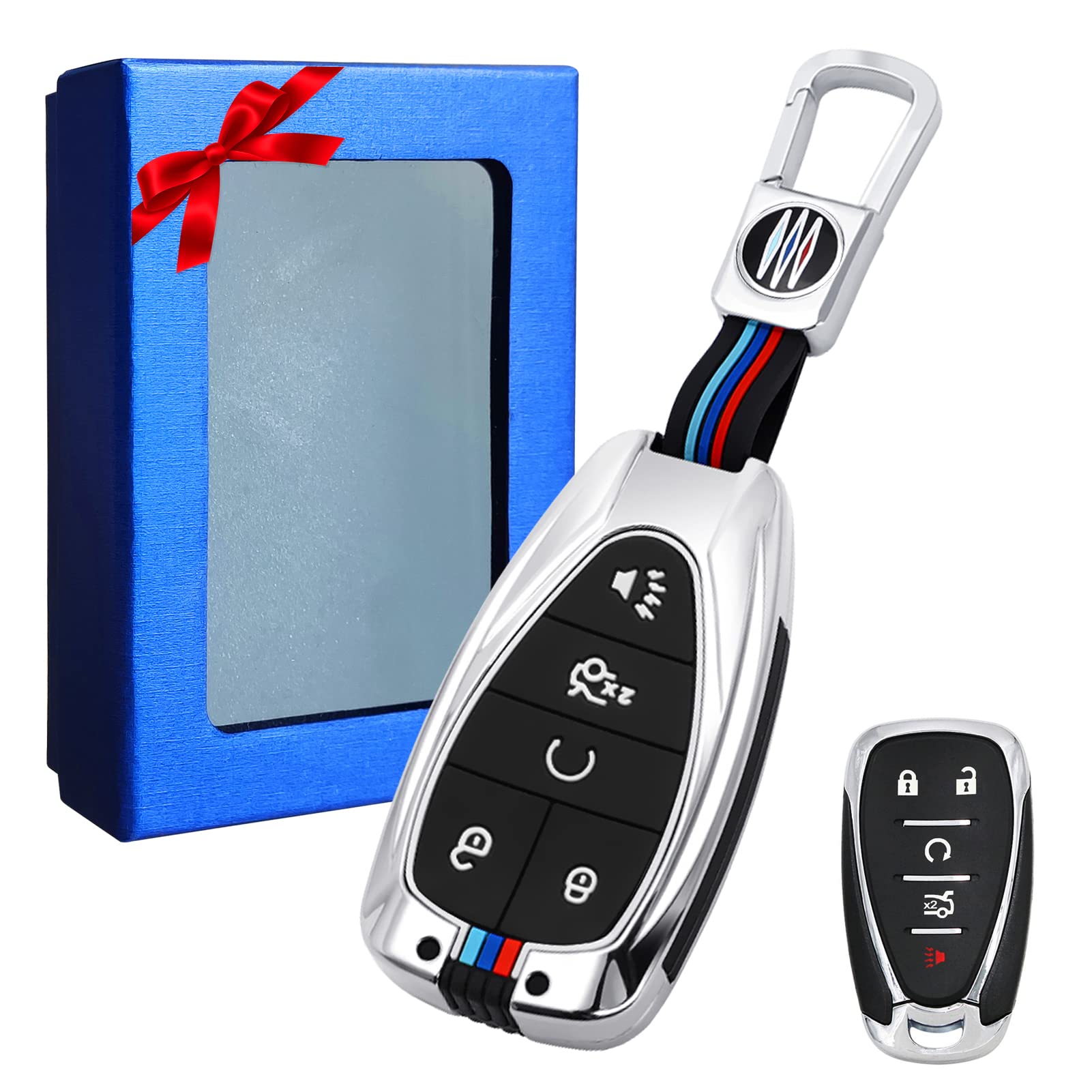 Moonlinks Key Fob Cover 5 Button Compatible With 2016-2022 Chevy Malibu Camaro Cruze Traverse Sonic Volt Bolt Equinox,Metal Silver Key Case & Silicone Key Cover With Keychain Key Protector Shell